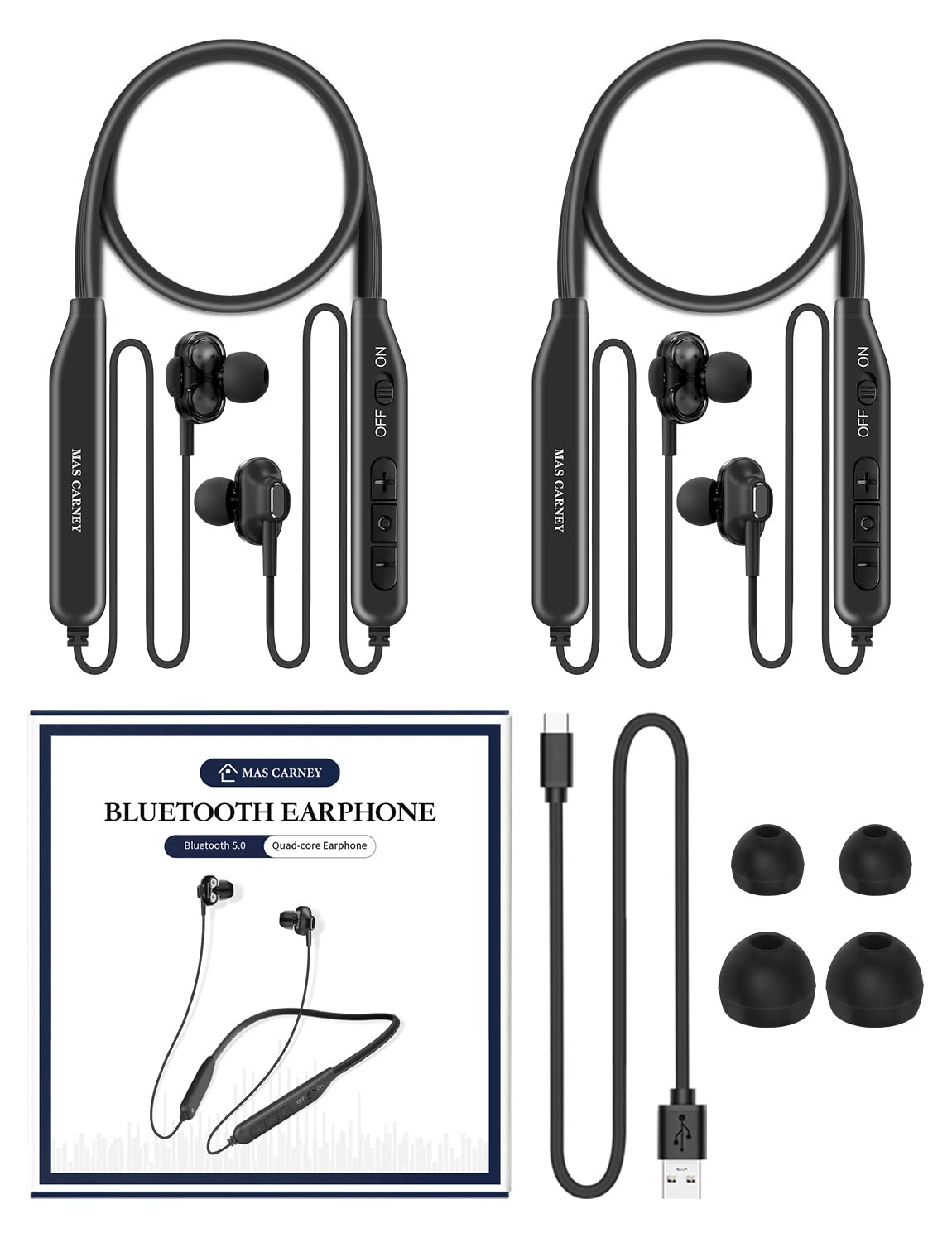 MAS CARNEY [2 Pack] Wireless Bluetooth in-Ear Earphones BI2, Neckband Magnetic Headphones with Mic & Dual Drivers for Phone Calls, Music, Running, Gym - Black | Perfect for Workouts, Commuting & Travel