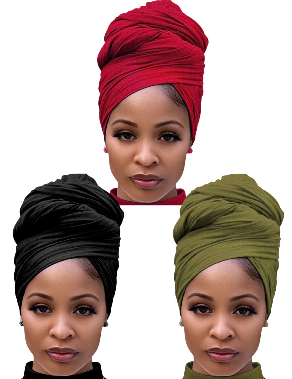 Harewom 3PCS African Head Wraps for Women - Stretchy Turban Headbands, Jersey Hair Scarves & Stylish Headwraps for Black Women - Perfect for Church, Work, Gym & Everyday Fashion