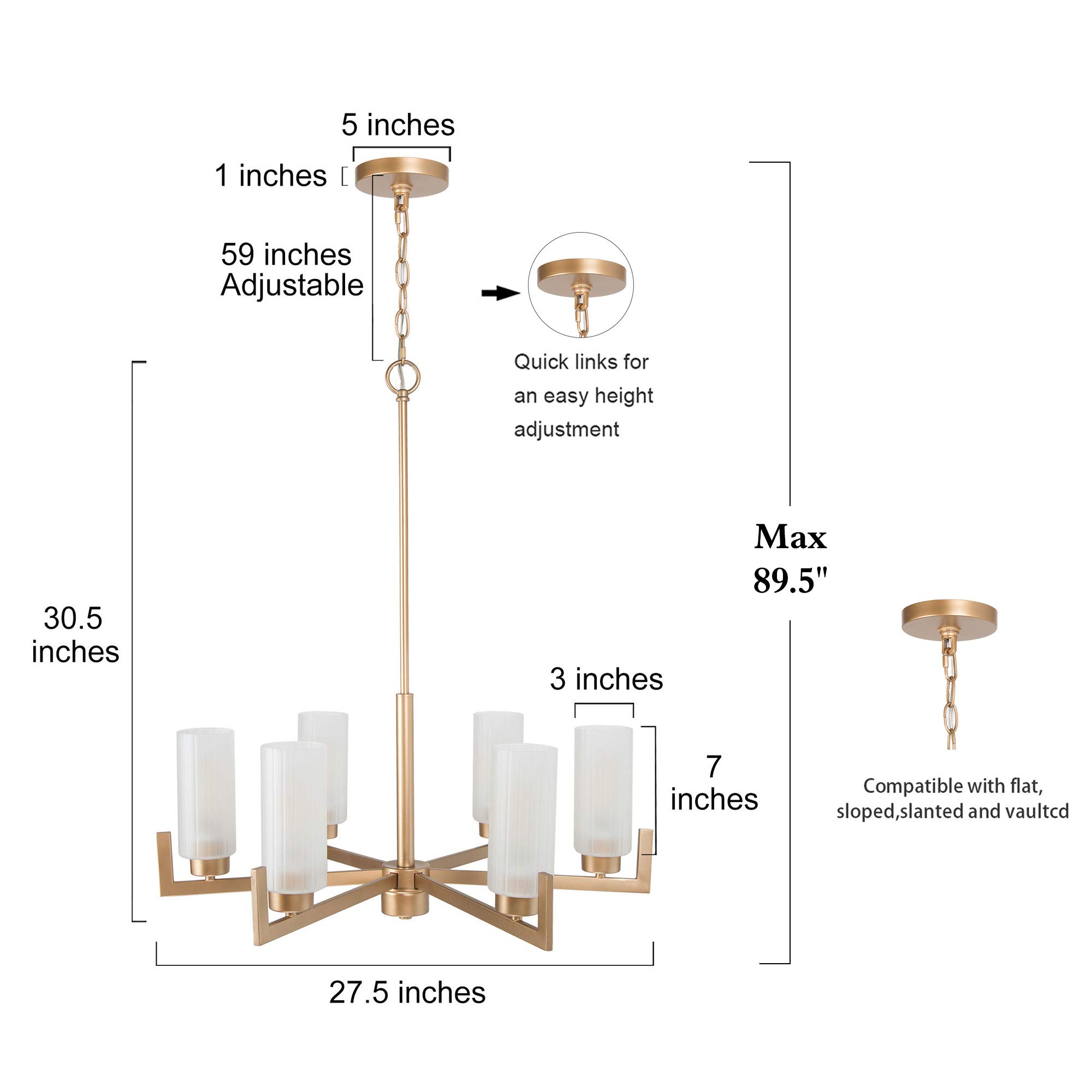 6-Light Gold Chandelier with White Frosted Glass Shades - Modern Crystal Ceiling Light Fixture for Dining Room, Living Room, Kitchen & Bedroom - Perfect for Home Decor, Wedding & Restaurant Lighting