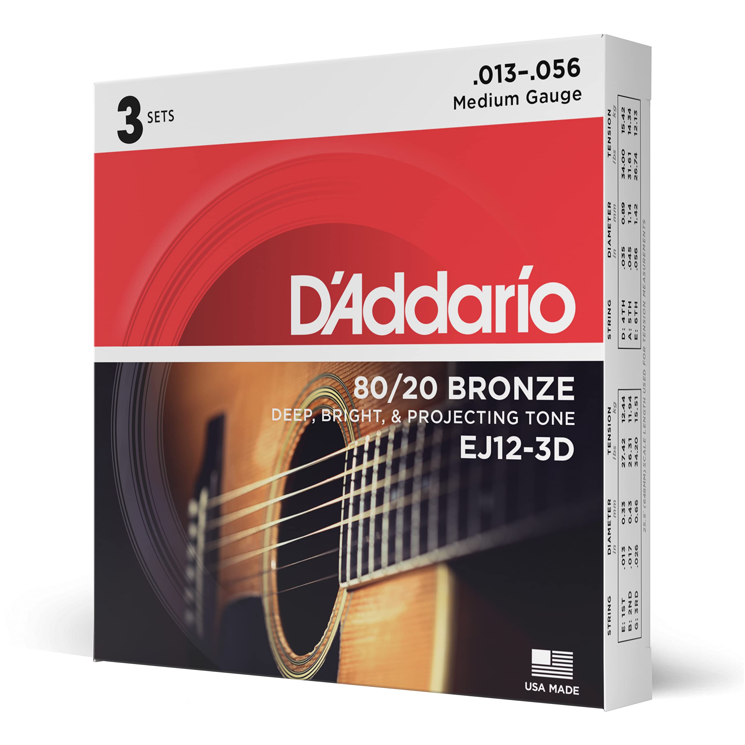 D'Addario EJ12-3D 80/20 Bronze Acoustic Guitar Strings - Medium Gauge (13-56) 3-Pack for 6-String Guitar - Bright, Projecting Tone with Warm Resonance | Perfect for Live Performances, Studio Recording & Fingerstyle Playing