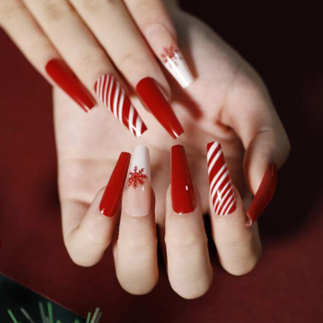 **Aksod 24Pcs Christmas Press on Nails - Glossy Red Coffin Fake Nails with Snowflake Design, Super Long Ballerina Full Cover Artificial Nails for Women & Girls | Perfect for Holiday Parties, Gift Giving & Special Occasions**