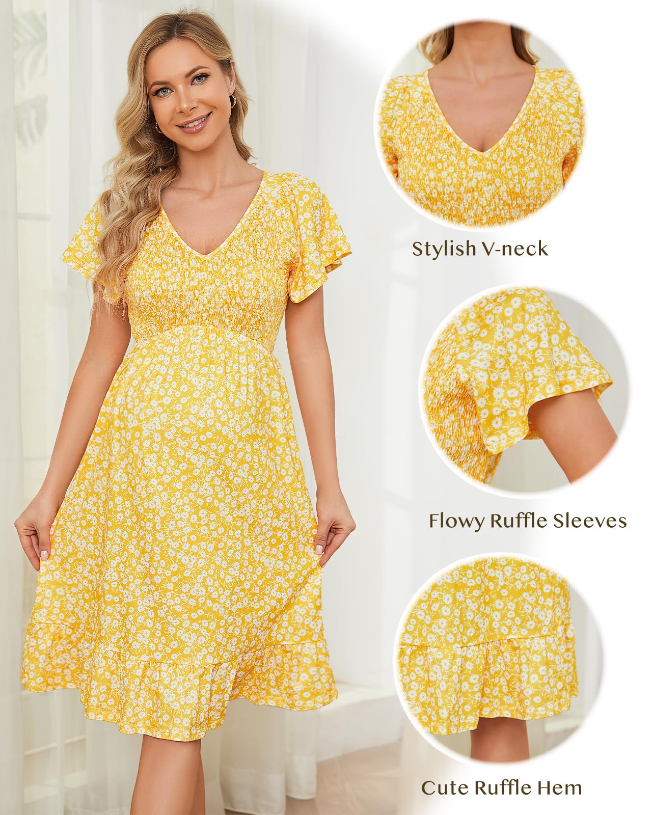 Domee Floral Print Maternity Dress - V-Neck A-Line Midi Dress with Ruffled Hem & Short Sleeves for Pregnancy, Baby Shower, Photoshoot & Summer Outfits | Comfortable Boho Chic Dress for Expecting Moms