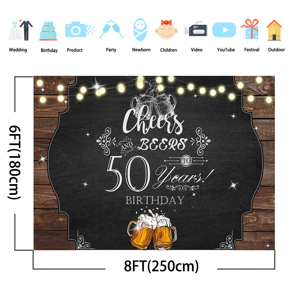 Avezano 8x6ft Cheers and Beers 50th Birthday Backdrop - Happy 50th Birthday Party Background with Vinyl Glitter Lights, Rustic Decor for Adult Men's Birthday Party Supplies | Perfect for Milestone Celebrations & Photo Booths