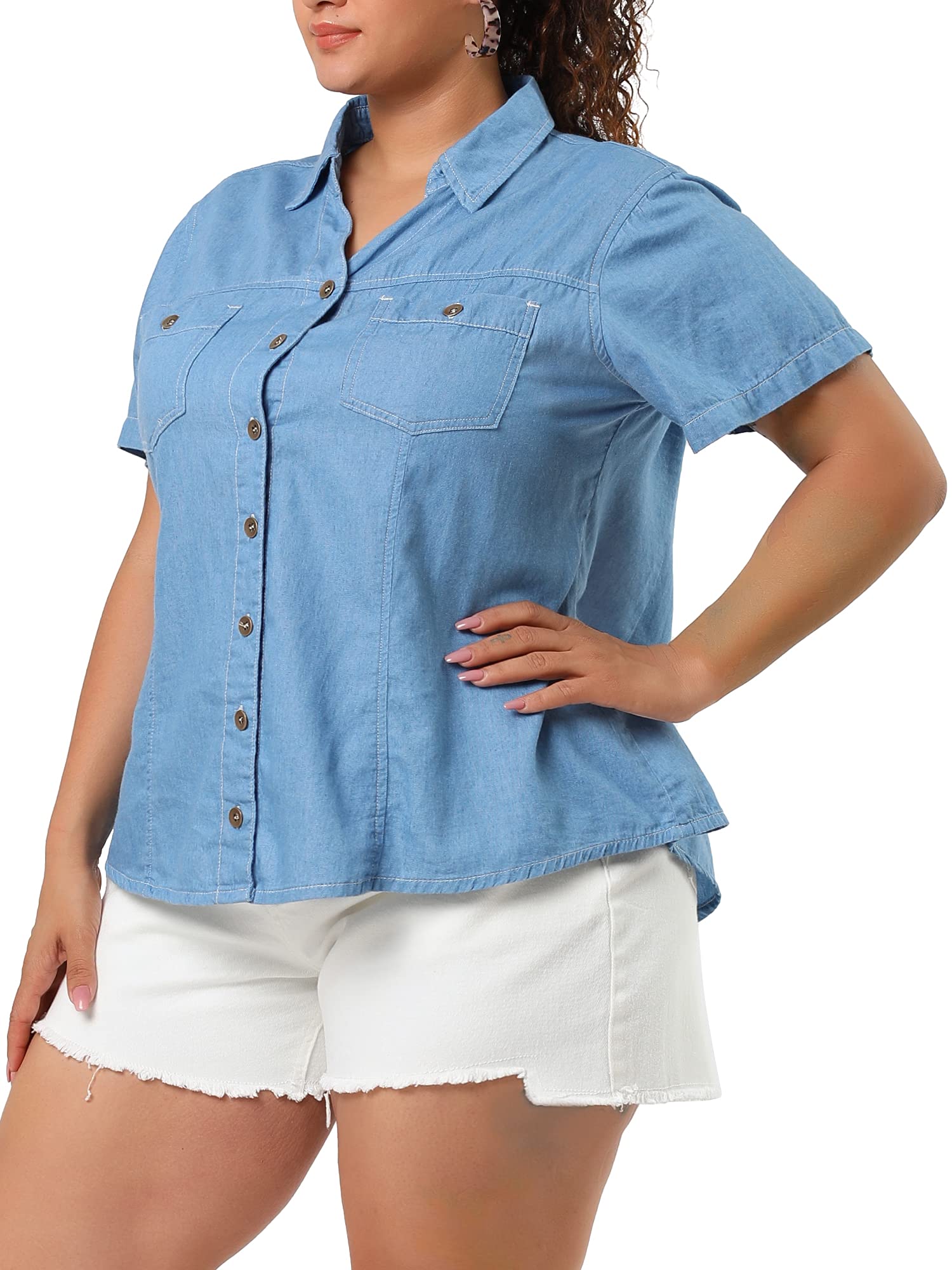 Agnes Orinda Plus Size Denim Shirts for Women - Short Sleeve Chambray Button Down Casual Tops | Perfect for Work, Weekend Outings & Summer Styling