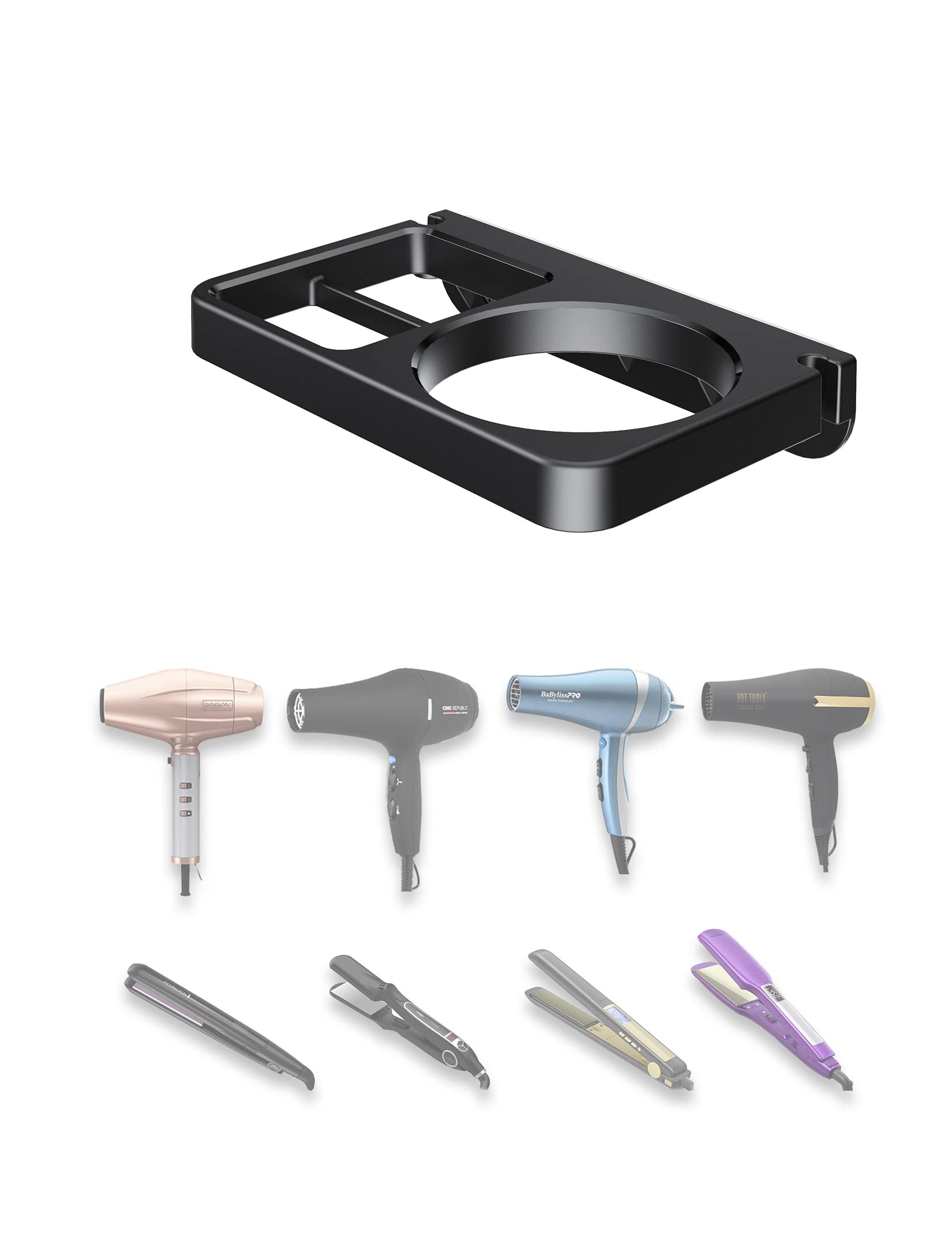 Wall Mount Hair Dryer Holder & Flat Iron Organizer - Black | Space-Saving Bathroom Storage for Blow Dryer, Straightener & Hair Tools | Perfect for Home, Salon & Travel Use