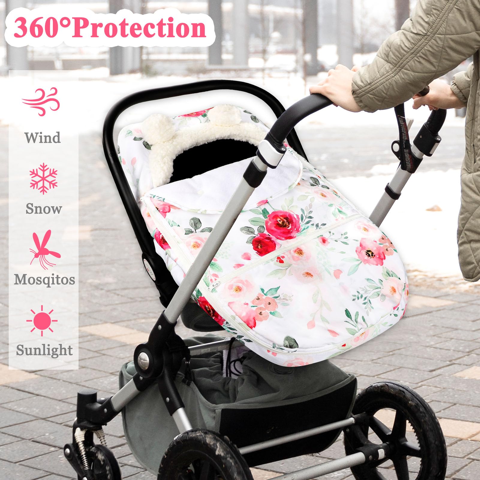 Universal Baby Car Seat Cover - Winter Warm & Cozy Zippered Canopy for Girls, Ultra-Soft Breathable Removable Design (Flower Pattern) - Perfect for Cold Weather Protection & Stylish Infant Travel