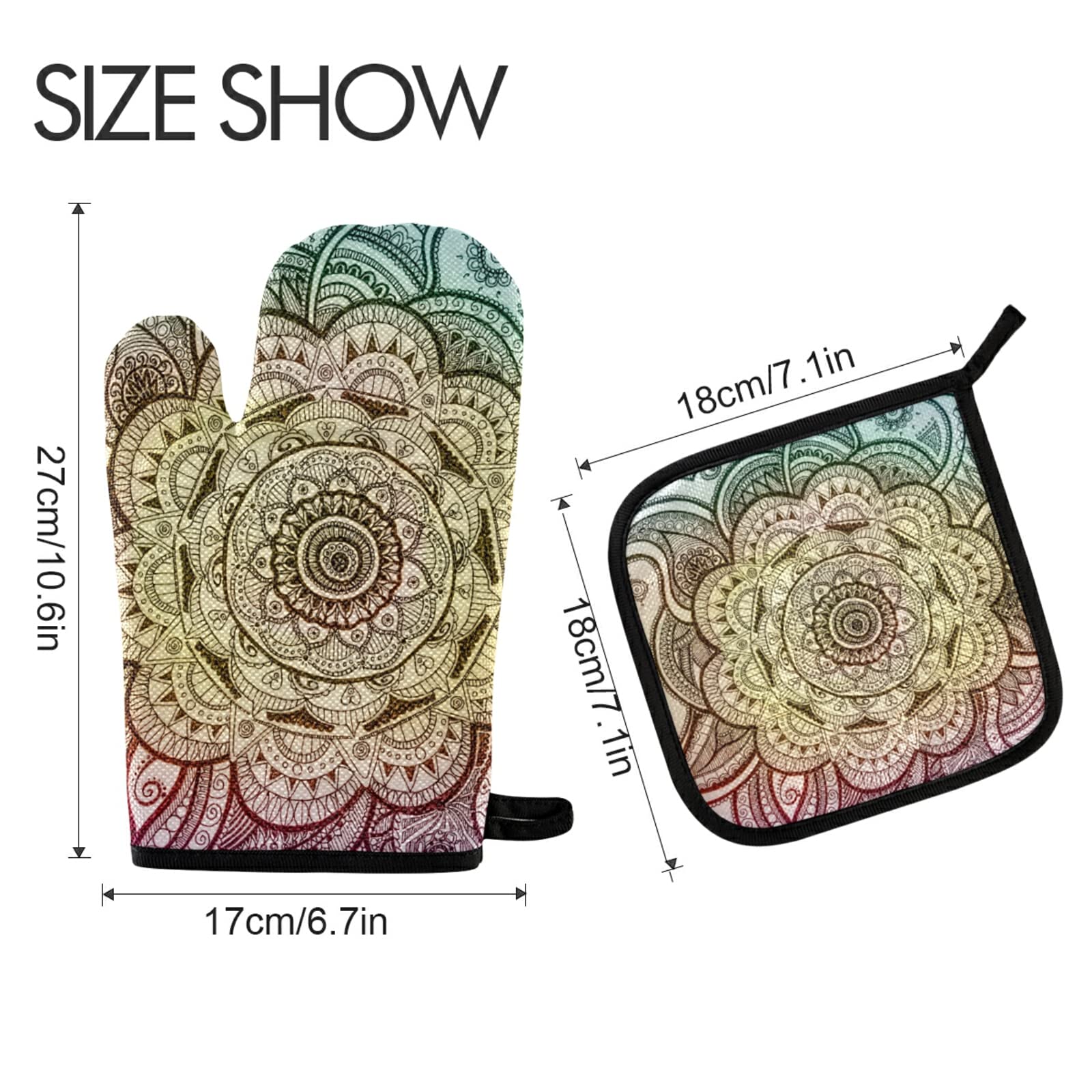 Aflyko Heat Resistant Oven Mitts and Pot Holders Set - Floral Mandala Design Kitchen Gloves for Baking, Grilling, BBQ - Perfect Valentine's Day & Mother's Day Gift for Home Cooks