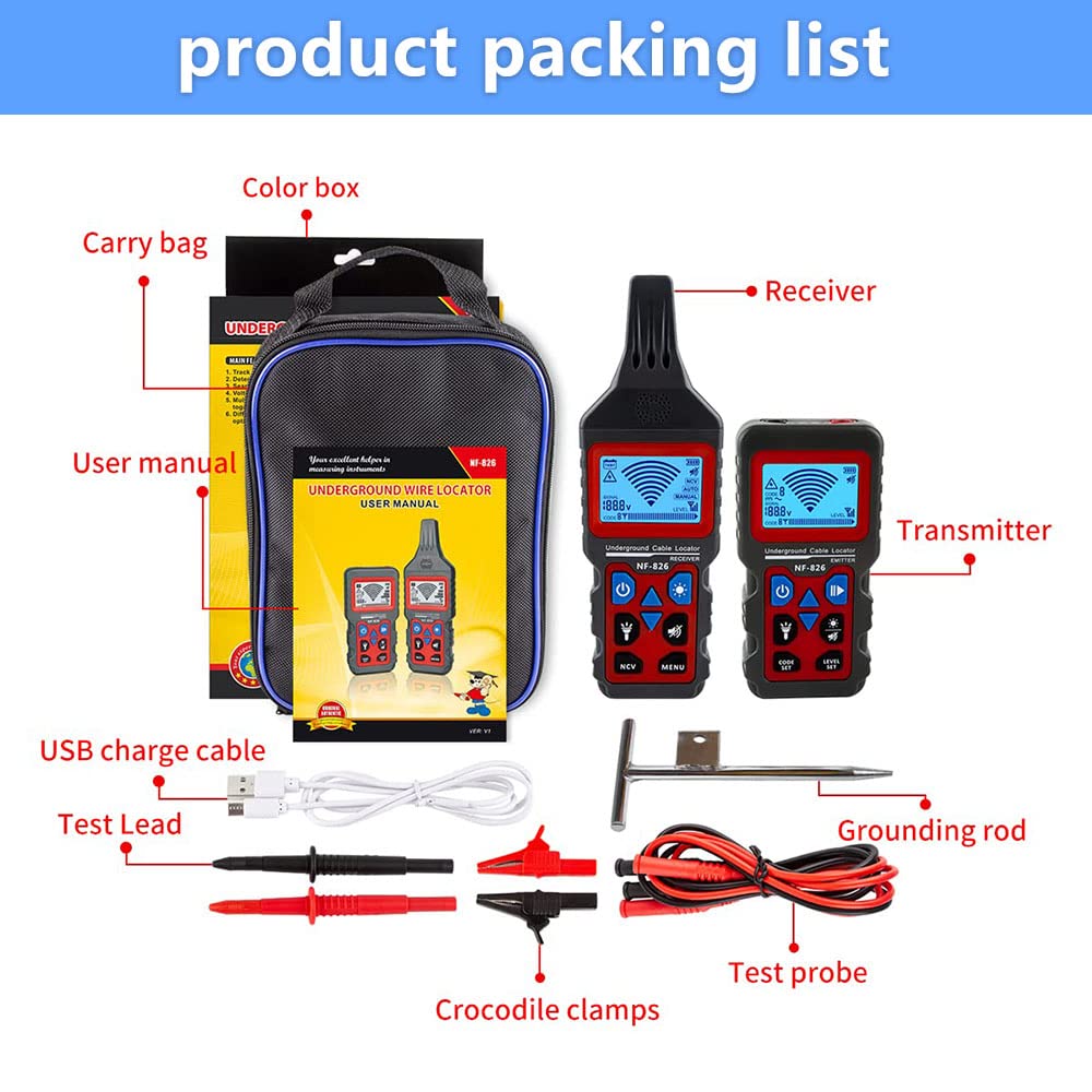 NOYAFA NF-826 Professional Underground Cable Locator & Pipe Detector - Wire Tracker Tool for Metal Pipes, Electrical Wires, Water/Gas Lines - Perfect for Home Renovation, Construction & Utility Maintenance