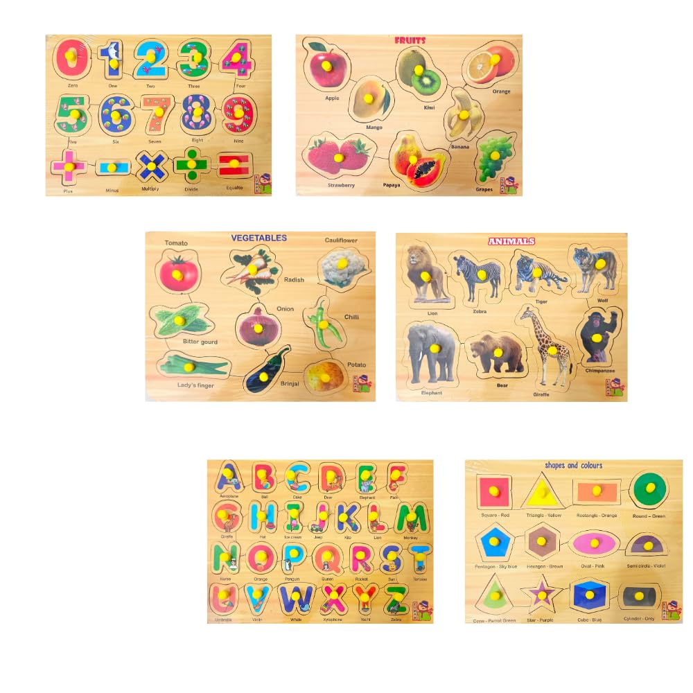 Educational Wooden Puzzle Learning Boards for Kids 3+ & Adults - Number, Alphabet, Fruit, Vegetable, Animal & Shape Recognition Toys | STEM Montessori Early Childhood Development | Perfect for Homeschooling, Classroom & Family Game Night