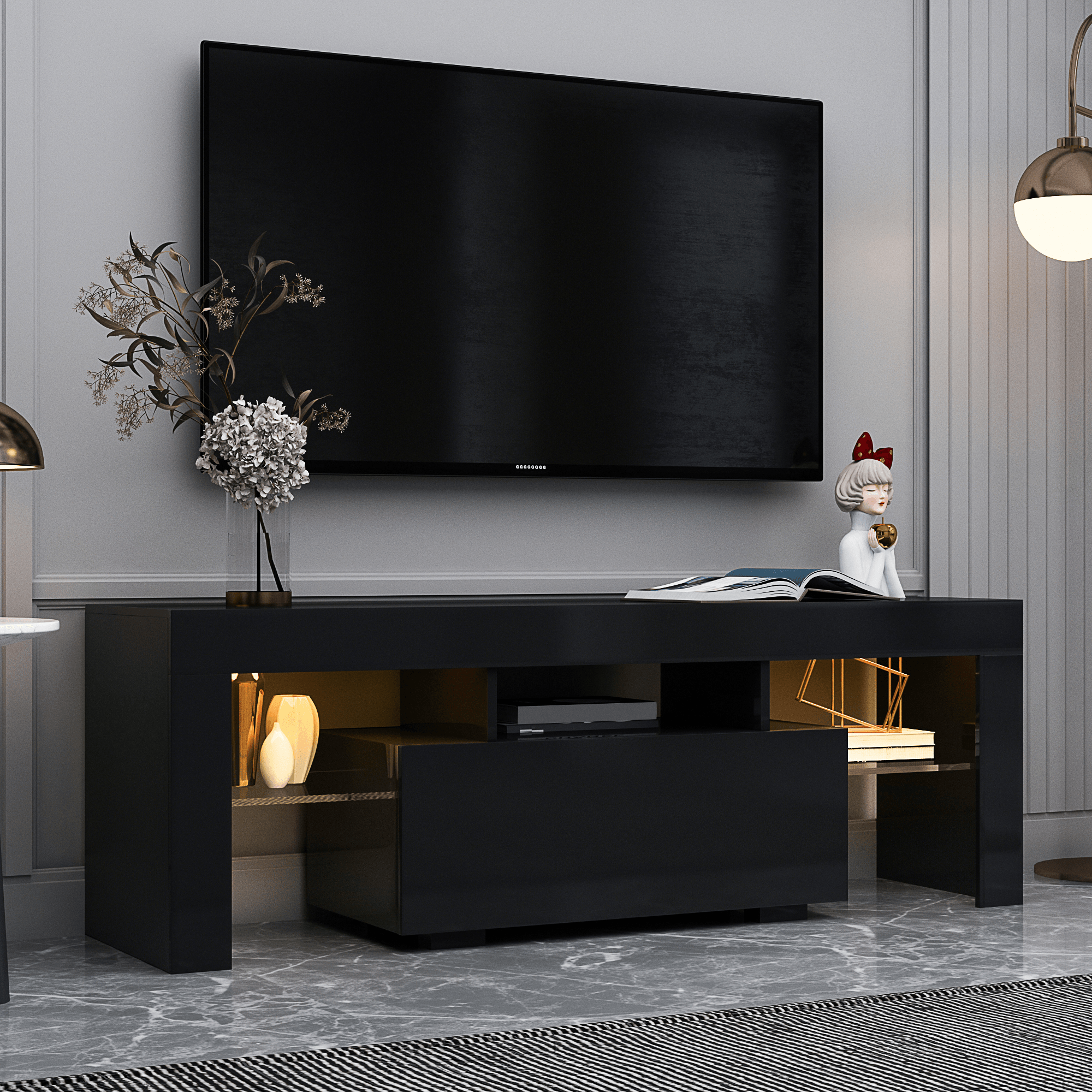 Black TV Stand with LED RGB Lights - Modern Flat Screen TV Cabinet for Gaming Consoles - Perfect for Living Room, Bedroom & Lounge Room Decor (Black) - Ideal for Movie Nights & Gaming Setup