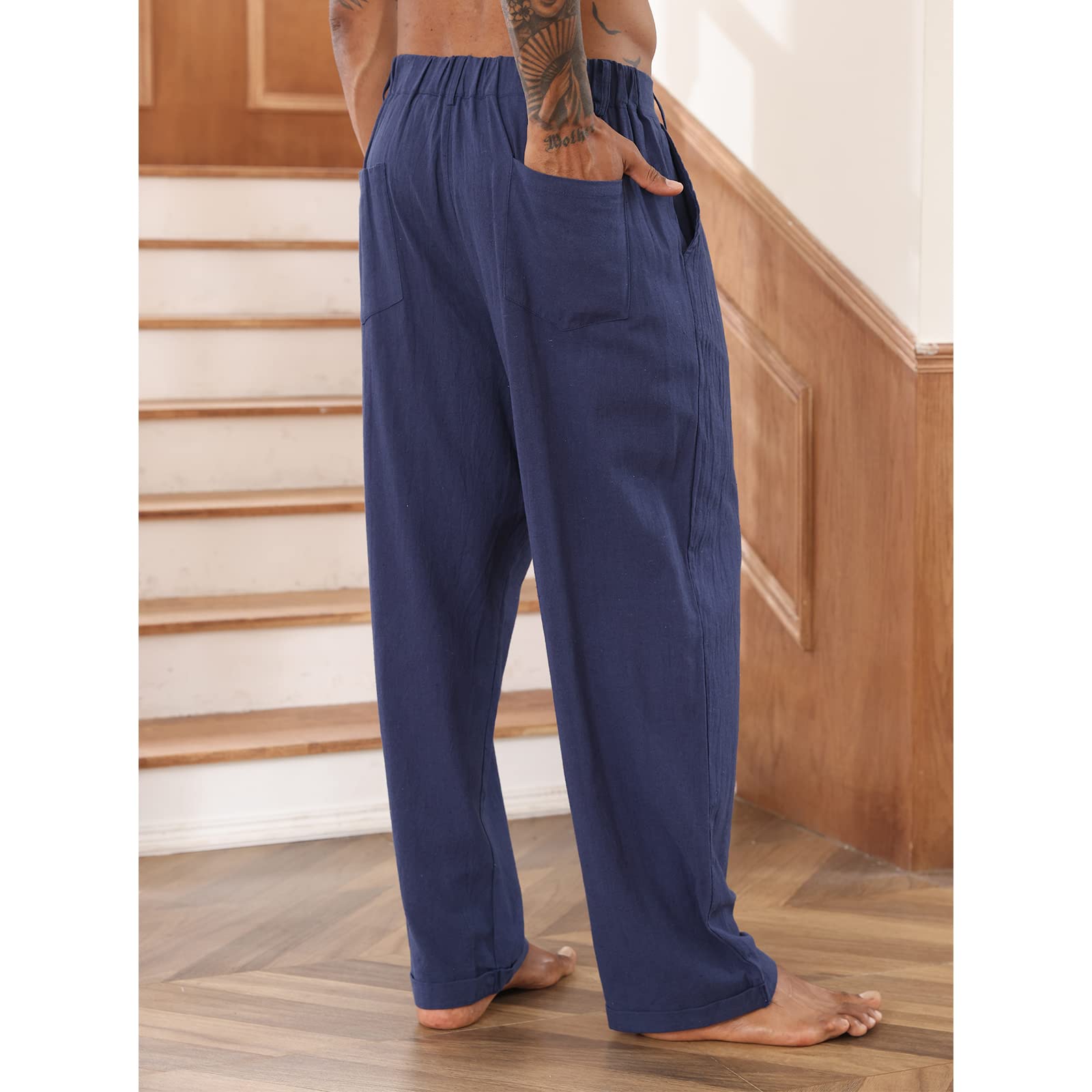 Men's Cotton Linen Pants - Elastic Drawstring Waist Casual Lounge Pants - Breathable Loose Fit Yoga & Beach Wear for Summer, Travel, and Relaxation