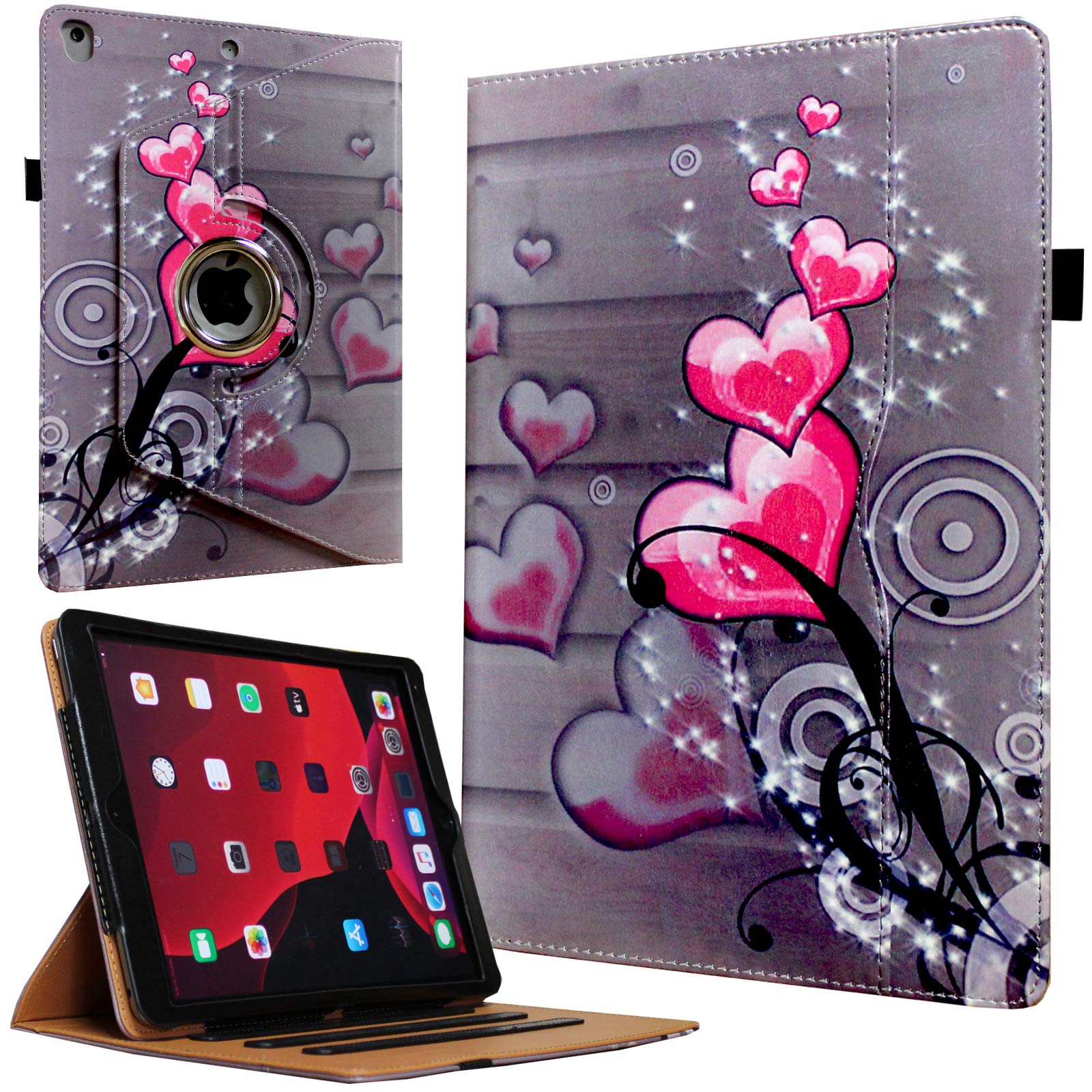 Premium 360° Rotating Smart Cover Case for iPad 9.7 (2018 6th Gen/2017 5th Gen) & iPad Air 1/2 - Multi-Angle Stand with Auto Wake/Sleep, Storage Pocket & Pencil Holder (Heart Flower Design) - Perfect for Work, Study & Entertainment