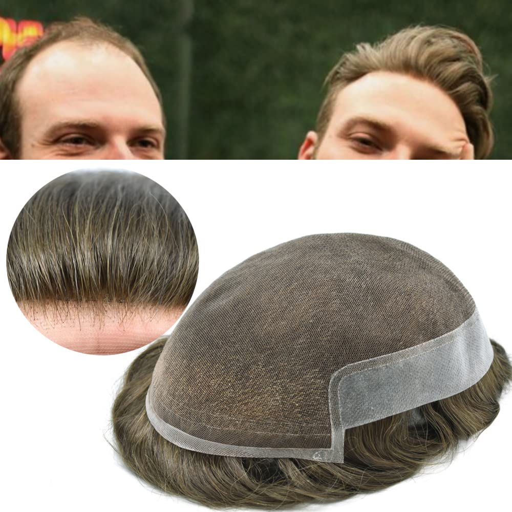 Natural Swiss Lace Men's Toupee - 100% Human Hair Replacement System with Bleached Knots & PU Base | 8x10 Inch Light Medium Density Wig (Color 7# Very Light Brown) | Perfect for Daily Wear, Special Occasions & Hair Loss Solutions