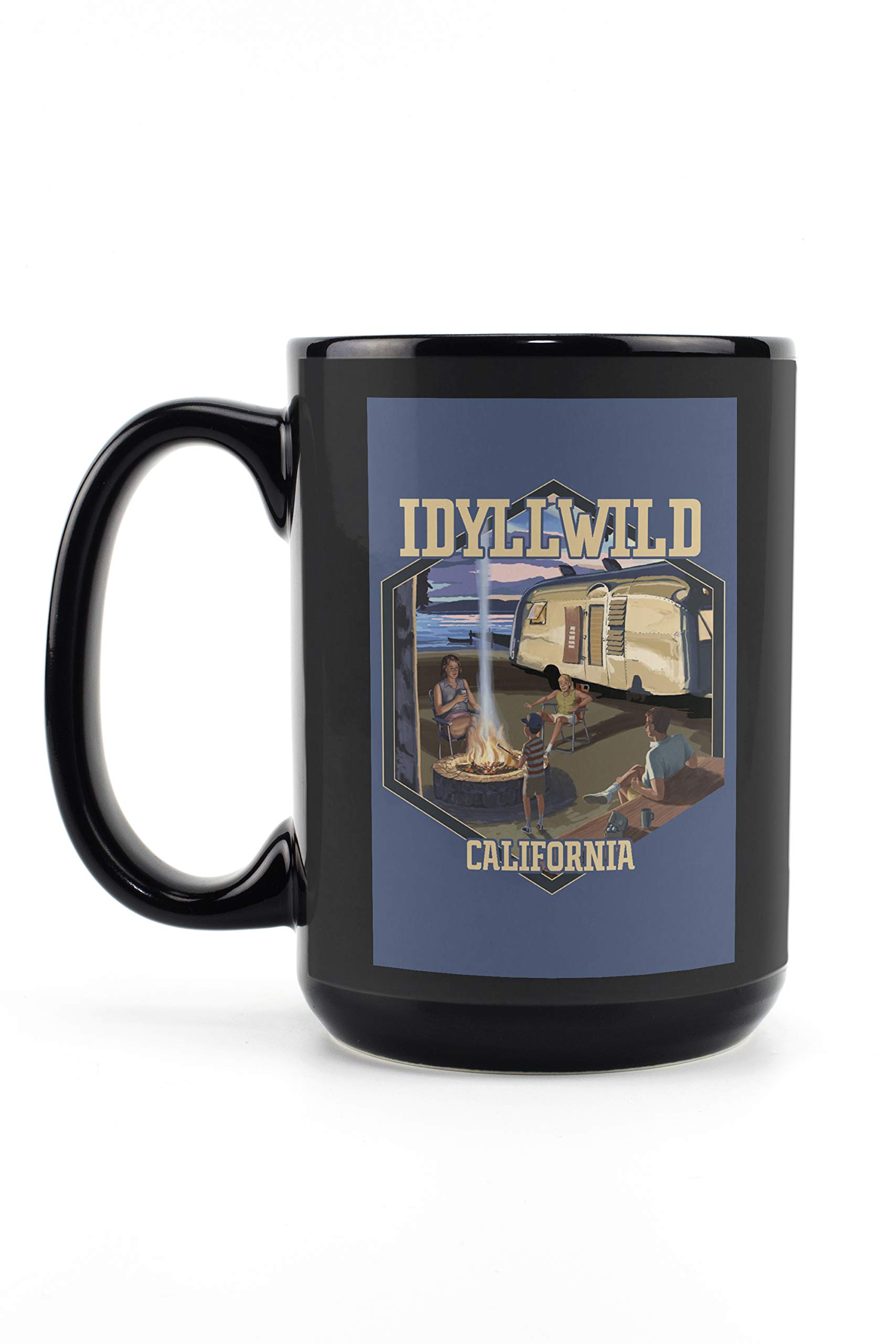 Idyllwild California Retro Camper Lake Design 15oz Black Ceramic Coffee Mug - Microwave & Dishwasher Safe - Perfect for Camping, Travel & Home Use