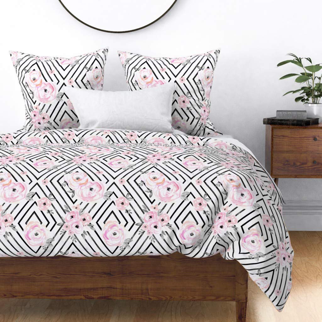 Boho Geometric Floral Pink Black Rose Diamond Duvet Cover - King/California King Size, 100% Cotton Sateen Custom Bedding Set for Bohemian & Modern Bedroom Decor