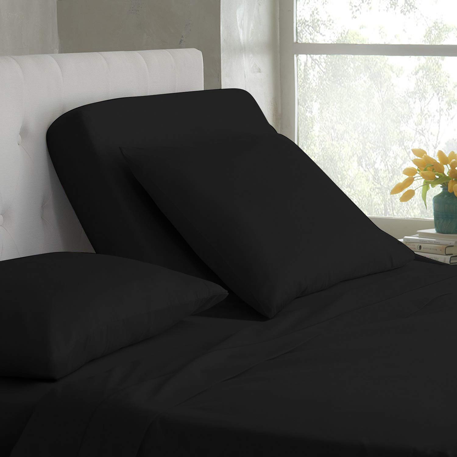 Premium 600 Thread Count 100% Cotton Split Queen Fitted Sheet - Adjustable Queen Bed Size, Sateen Weave, 15 Inch Deep Pocket, Solid Black (1PC) - Perfect for Adjustable Beds, Guest Rooms & Master Bedrooms