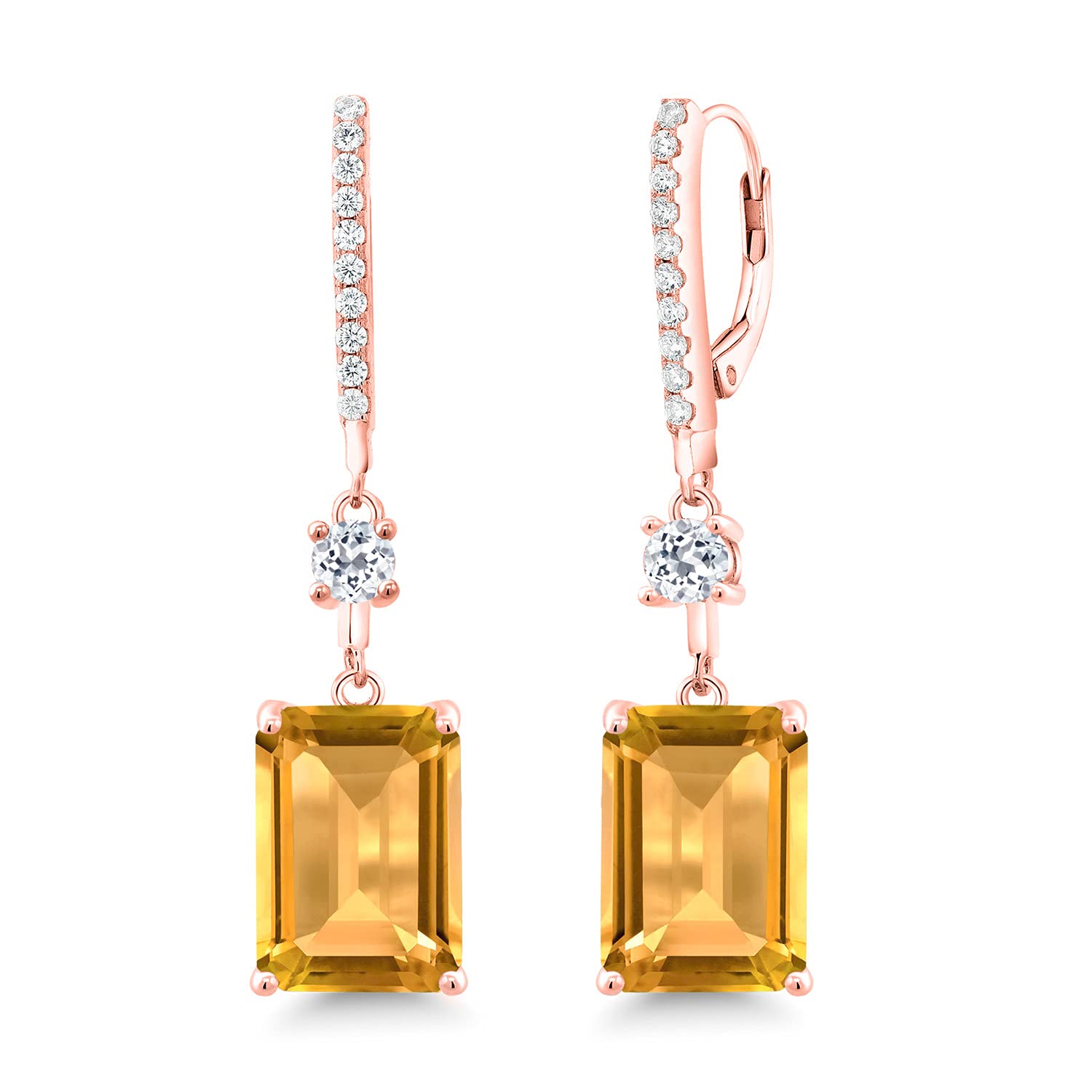 17.36 Ct Natural Yellow Citrine & White Topaz Octagon Cut 18K Rose Gold Plated Sterling Silver Earrings for Women - Elegant Dangle Earrings for Wedding, Party & Special Occasions