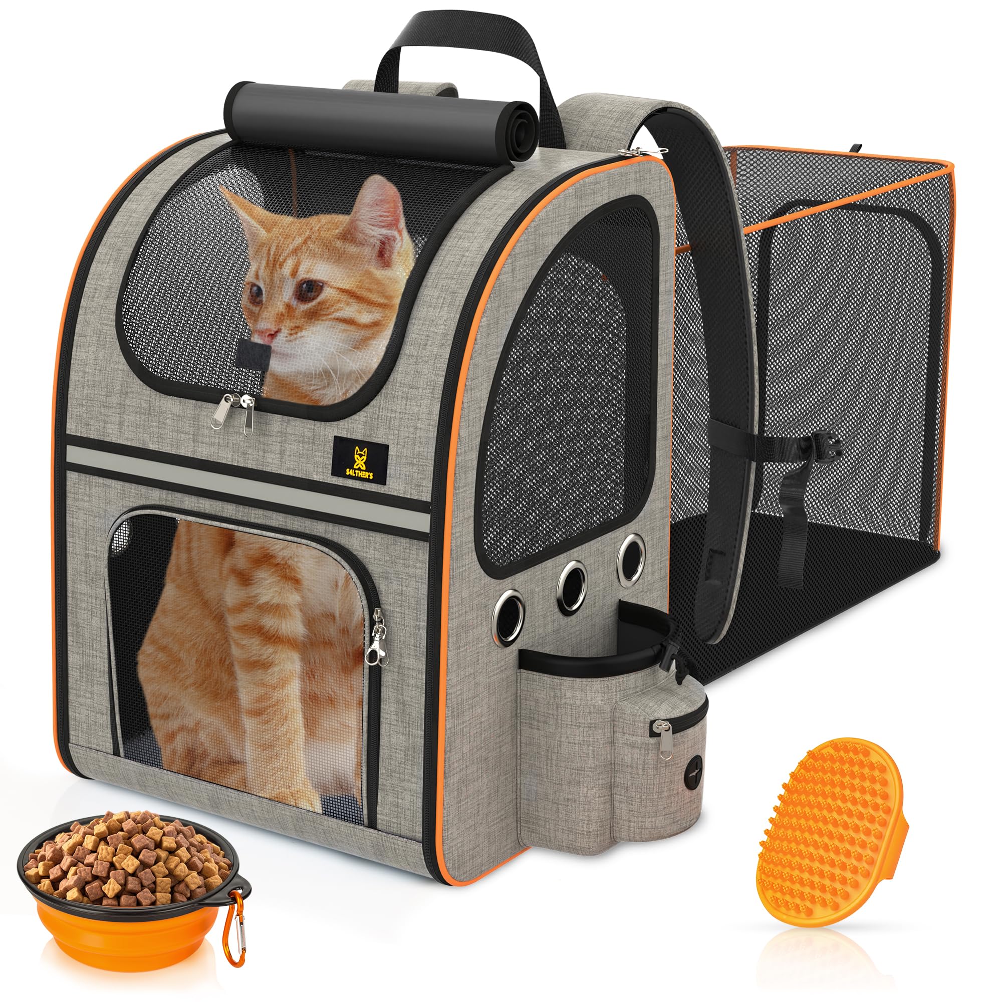 **Expandable Cat Backpack Carrier with Hair Removal Brush - Breathable Mesh Pet Carrier for Small Dogs & Cats Up to 17 lbs - Perfect for Travel, Hiking & Outdoor Adventures**