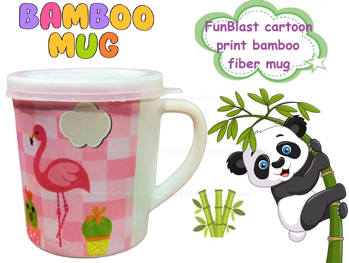 FunBlast Kids Milk Mug with Lid – BPA-Free Cartoon Flamingo Design, Bamboo Fiber Cup for Toddlers & Children, 260ml Leak-Proof Handle Mug – Perfect for School, Travel, and Home Use
