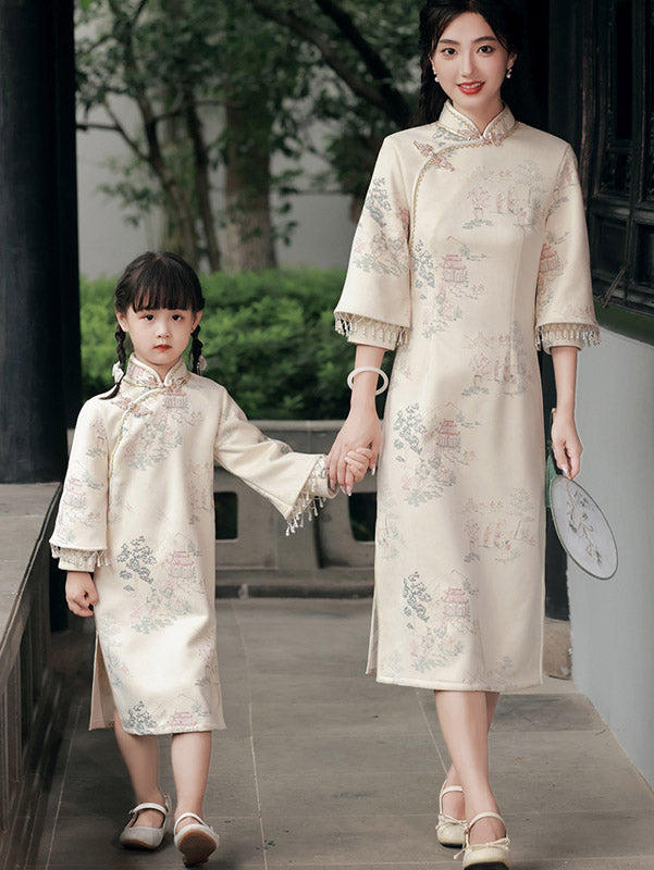Matching Mother Daughter Winter Suede Qipao Cheongsam Dresses - Traditional Chinese Style Outfits for Family Photos, Christmas & Lunar New Year Celebrations