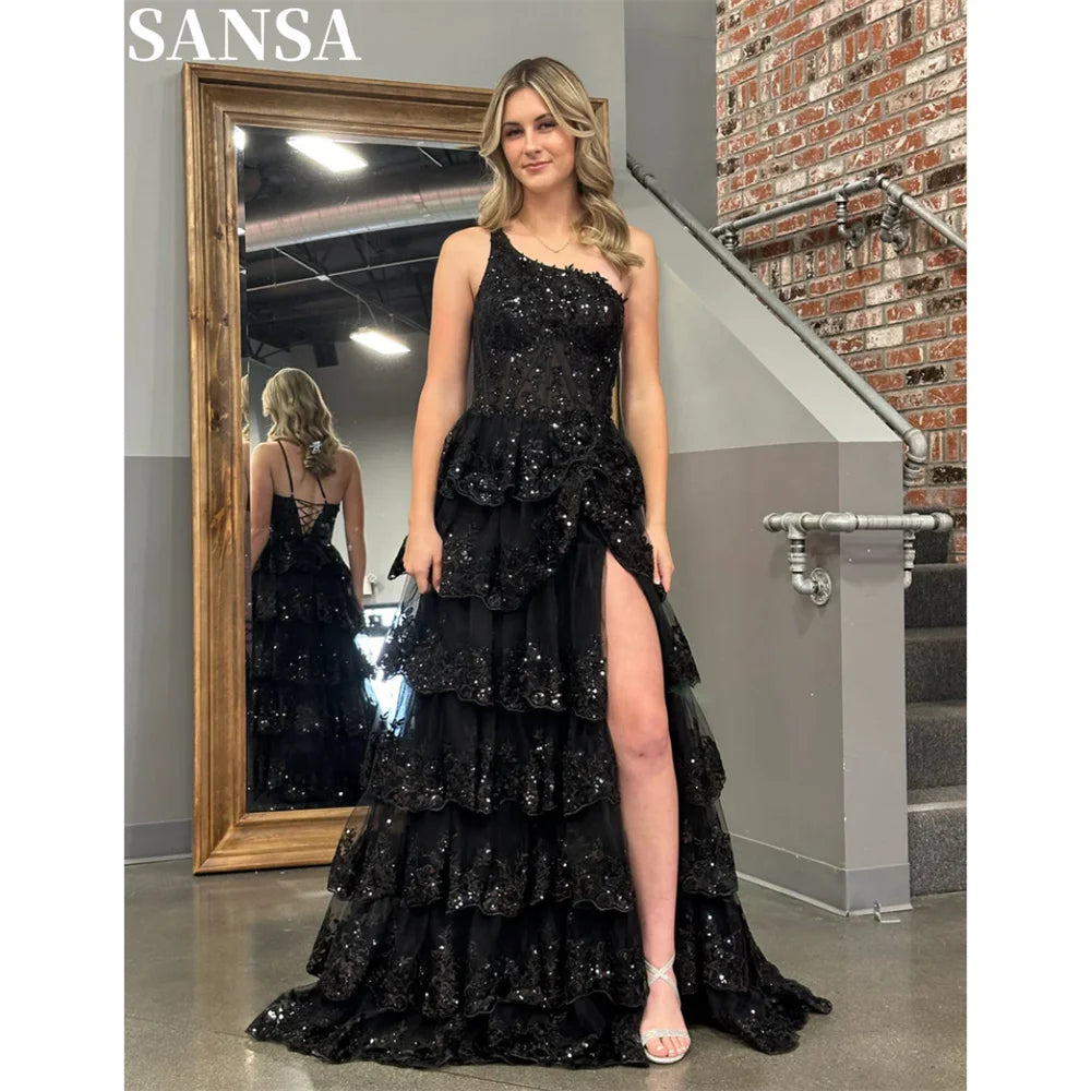 Elegant Sansa Glitter One Shoulder A-Line Lace Evening Gown with Multilayer Floor-Length Skirt - Perfect for Prom, Wedding Guest, and Formal Events