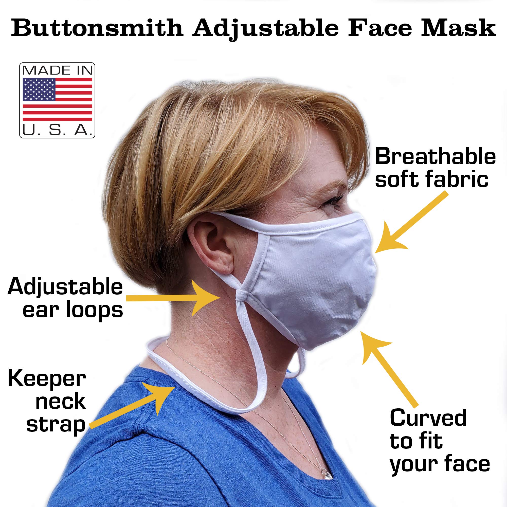Black Adjustable Cotton Face Mask for Adults - XL Size with Built-in Lanyard | 2-Layer Soft T-Shirt Material | Washable & Reusable | Made in USA | Perfect for Work, Travel & Daily Protection