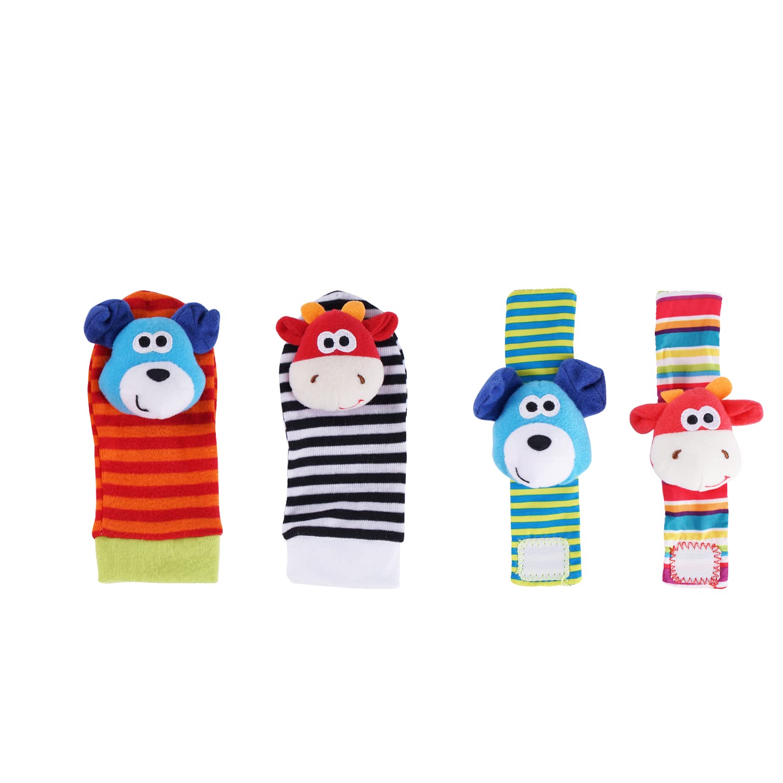 Kotty Baby Wrist Rattles & Foot Finder Toys Set - Soft Toddler Rattle Socks with Animal Designs (Dog & Cow) - Arm Bracelet & Ankle Socks for Newborn Infants Boys Girls - Perfect Sensory Developmental Toys for Playtime, Tummy Time & Baby Shower Gifts