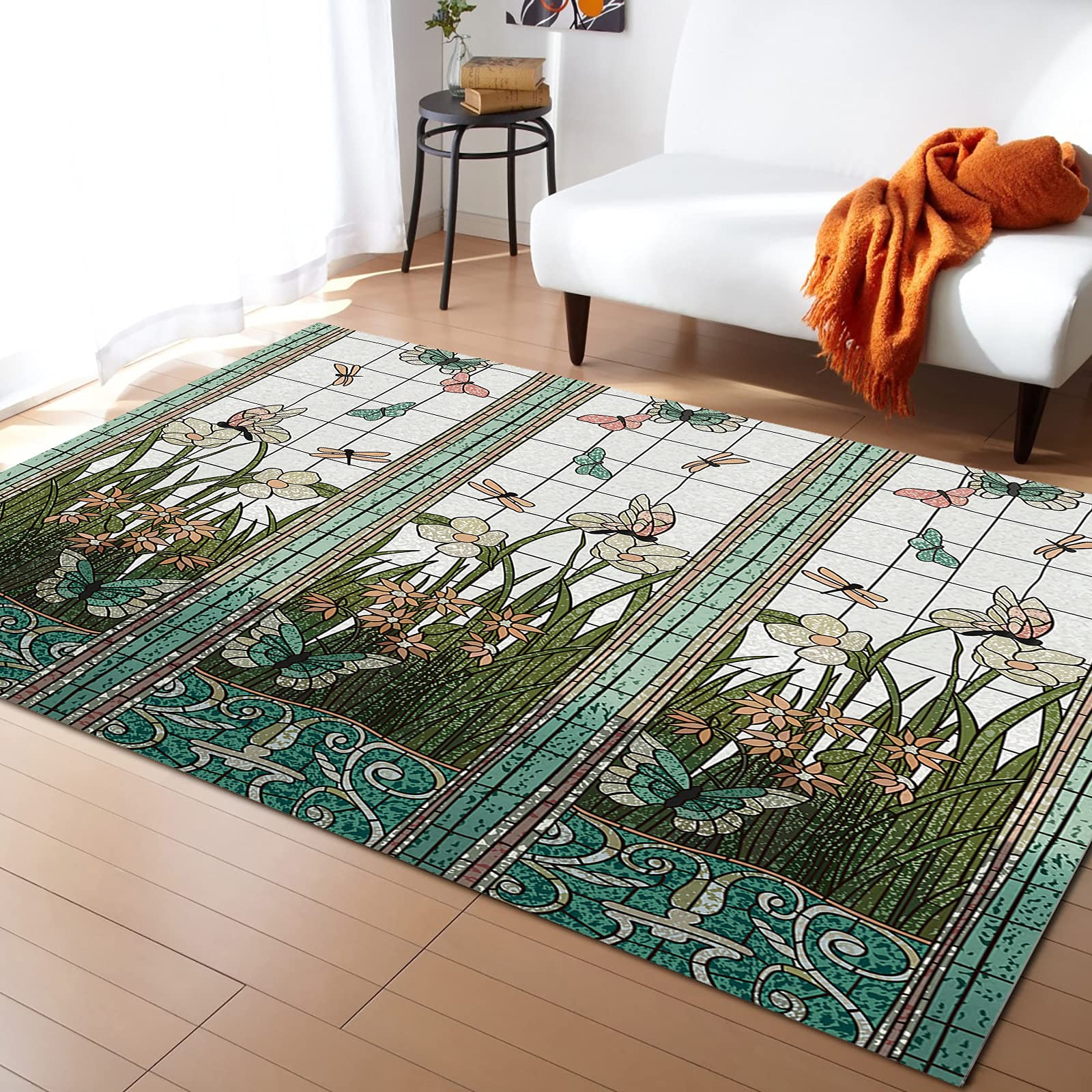 Stained Glass Non-Slip Indoor Area Rug 4'x6' - Butterfly & Dragonfly Floral Design Bathroom Mat, Kitchen Runner for Bedroom, Living Room & Kids Room | Soft & Durable Home Decor for Cozy Spaces