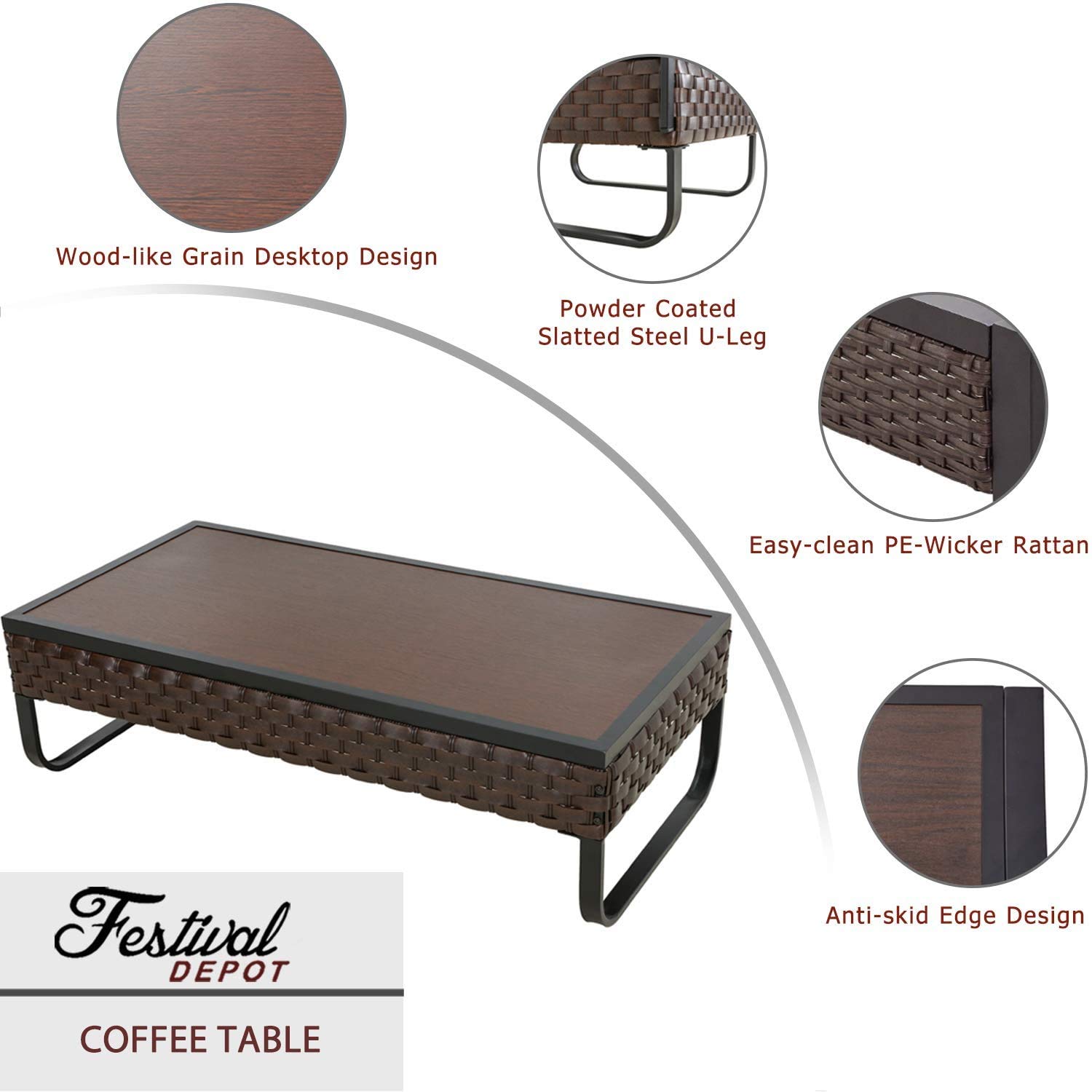 **Festival Depot Patio Table - Brown Rattan Woven Wicker Coffee Table with Aluminum Tabletop, All-Weather Outdoor Furniture for Backyard, Porch, Garden (U-Shaped Leg) - Perfect for Relaxing, Entertaining & Outdoor Dining**