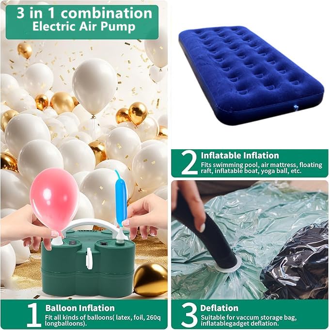 Electric Balloon Pump - 3-in-1 Inflator & Deflator for Latex, Mylar & Foil Balloons (260Q), Pool Floats, Air Beds & Mattresses | Fast Inflation for Parties, Events & Home Use