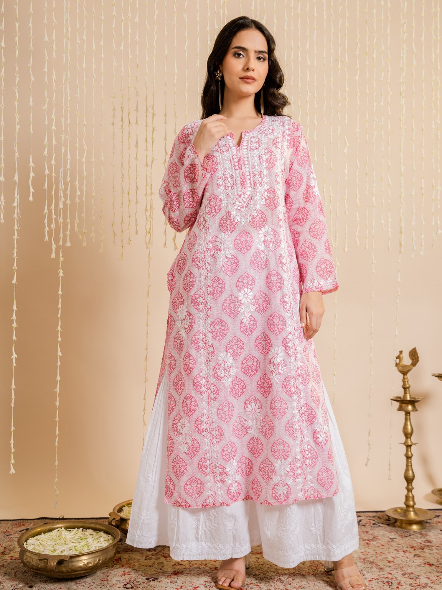 Mahima Fizaa Chikankari Kurta - Pink Printed Mul Cotton Indian Ethnic Wear for Women | Perfect for Festivals, Weddings & Casual Outings