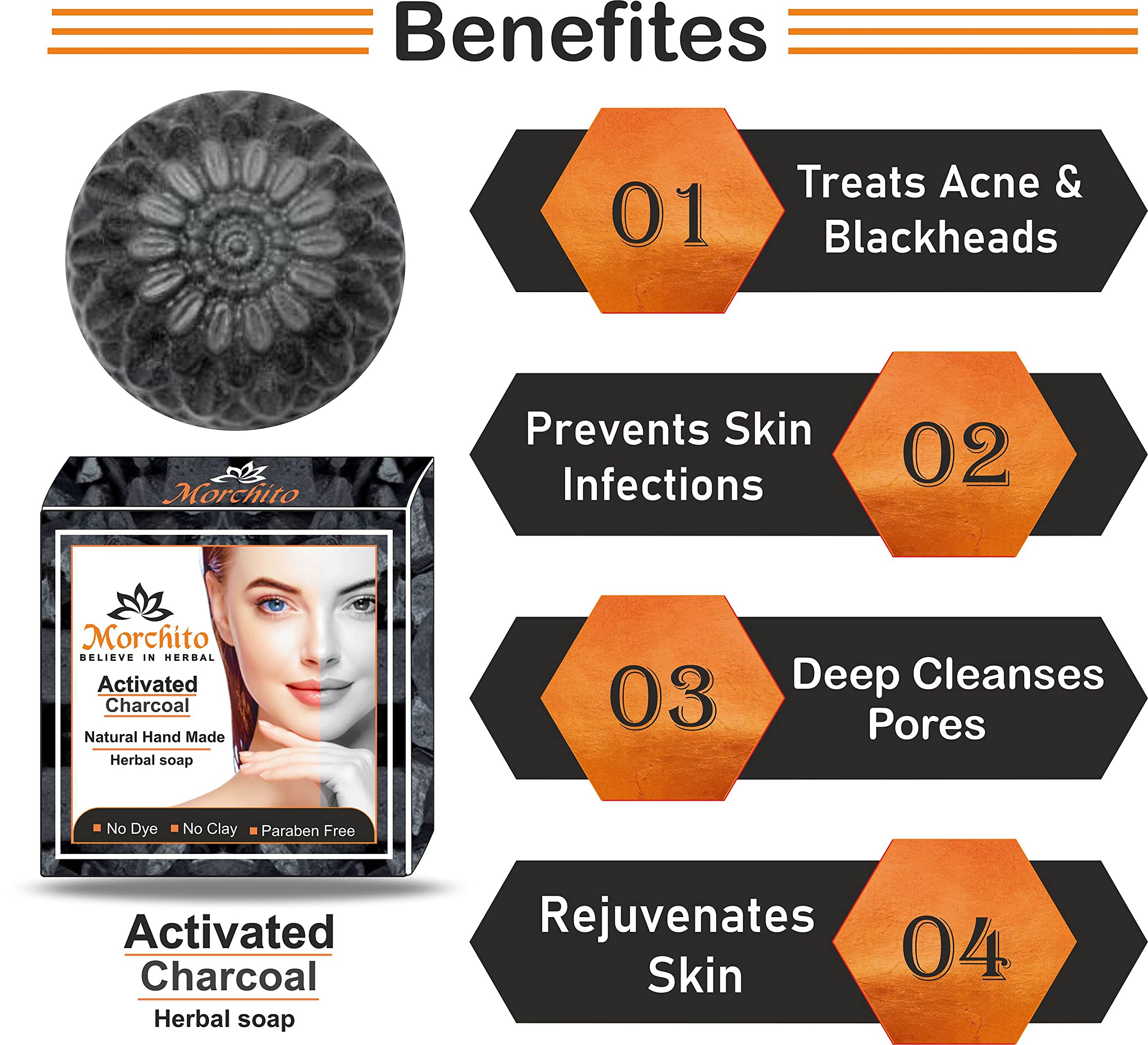 Morchito Activated Charcoal Soap - Natural Detox & Skin Whitening Bar for Women, Acne & Blackhead Treatment, Anti-Wrinkle Face & Body Cleanser | Pack of 5 (5x100g) | Perfect for Daily Skincare Routine & Deep Pore Cleansing