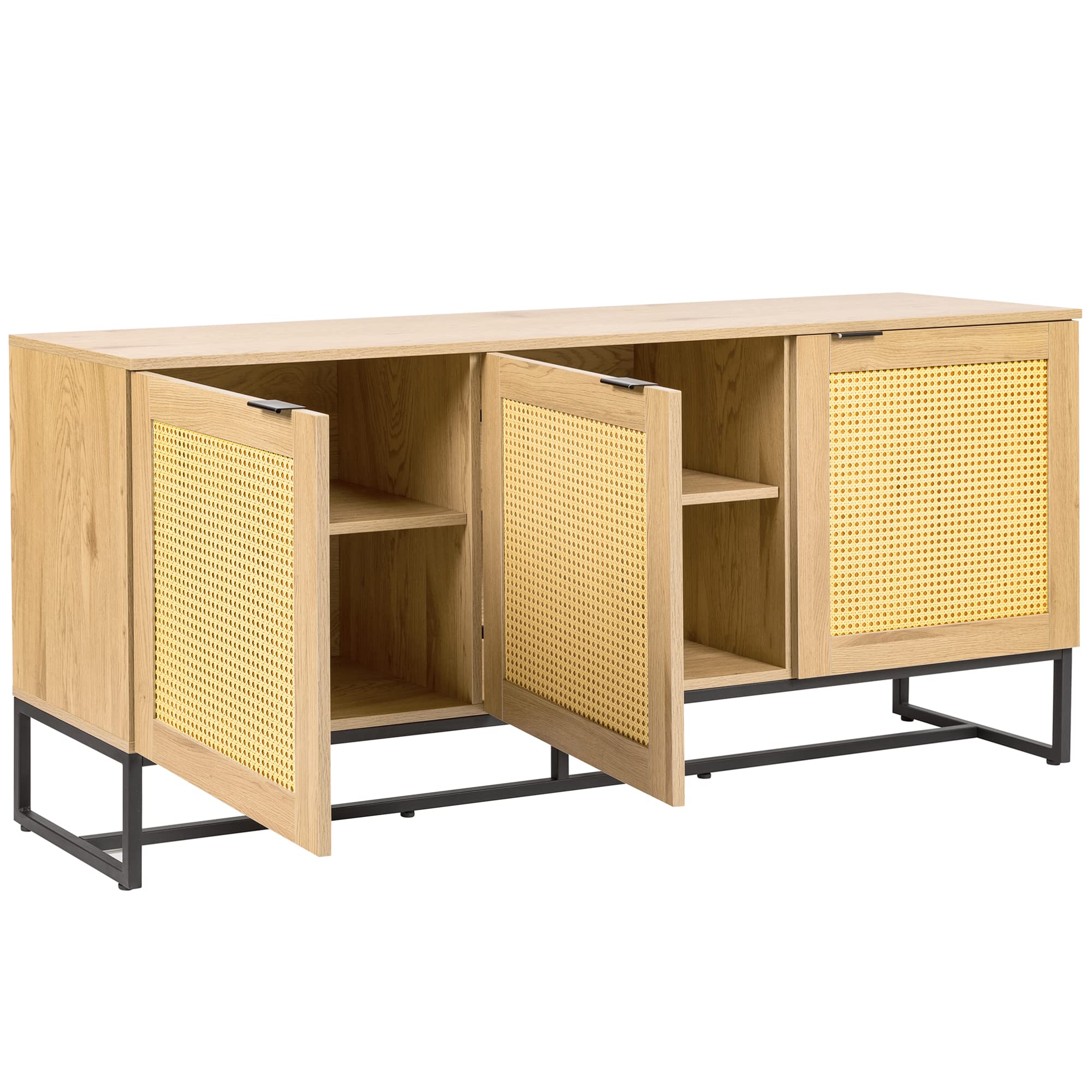 Modern Wicker Console Table with 3 Doors - Iron Support & Wood Grain Surface - 63
