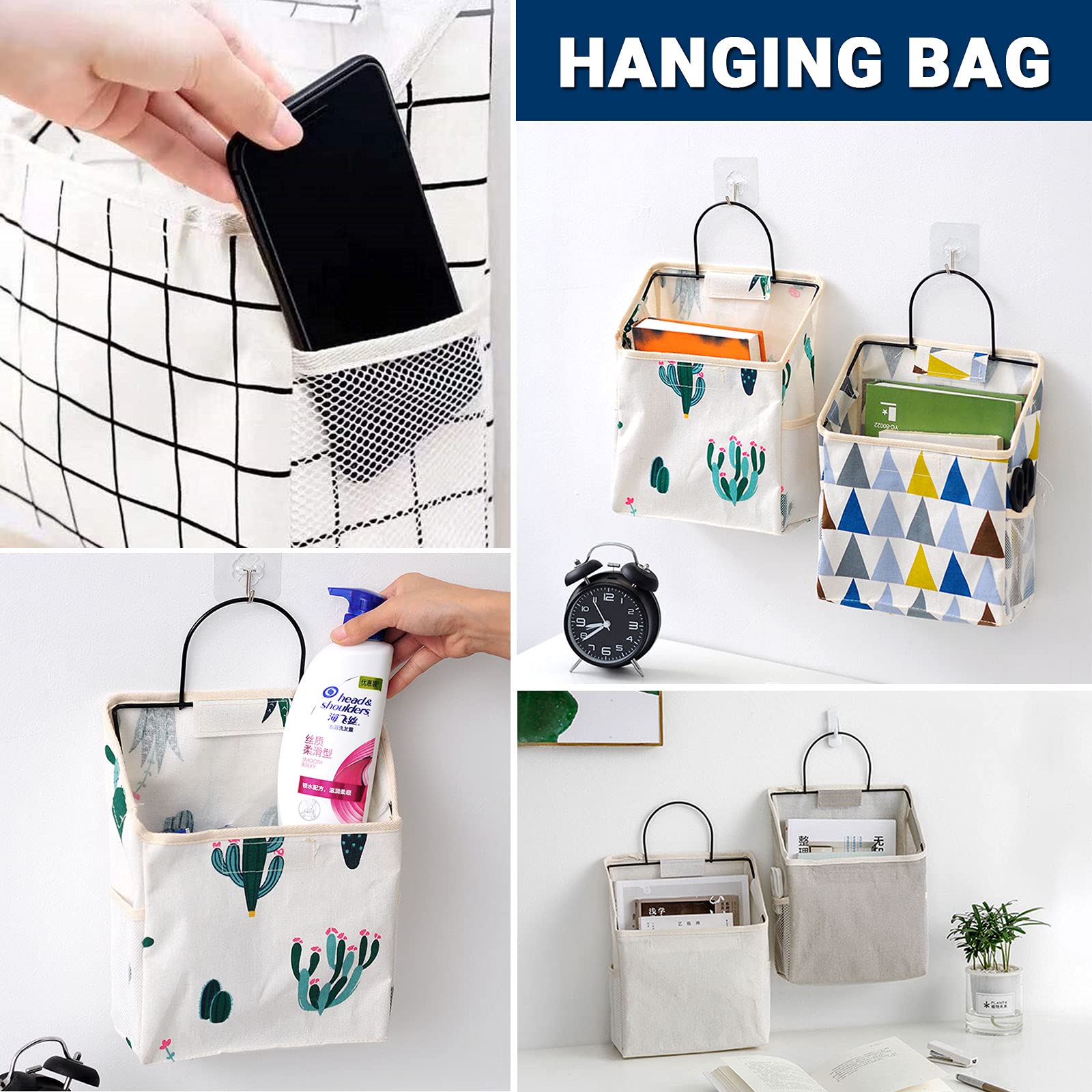 2Pcs Wall Hanging Storage Bags with Hooks - Cotton Linen Storage Shelves & Basket Organizers for Kitchen, Bedroom, Bathroom - Perfect for Storing Towels, Toys & Home Essentials