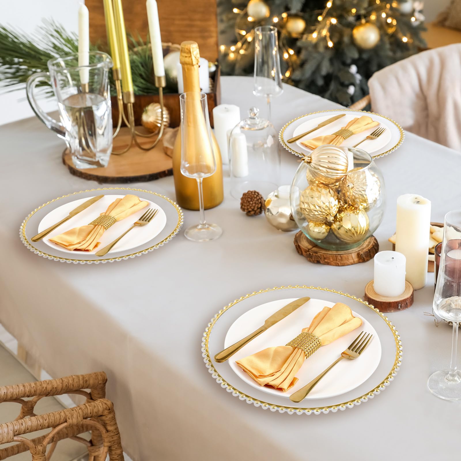 Uiifan 100 Pcs 50 Sets Clear Gold Charger Plates & Napkin Rings - 13 Inch Plastic Beaded Rim Acrylic Dinner Plates for Wedding, Party, Banquet Table Decorations - Elegant Table Setting for Formal Events & Holiday Dinners