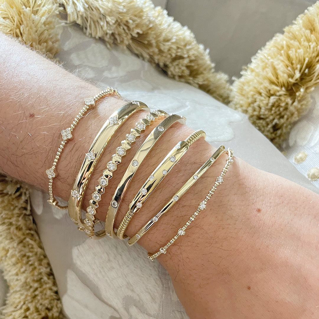 14K Yellow Gold Diamond Quad 5 Station Beaded Flexible Bangle Bracelet - Perfect for Weddings, Anniversaries & Special Occasions