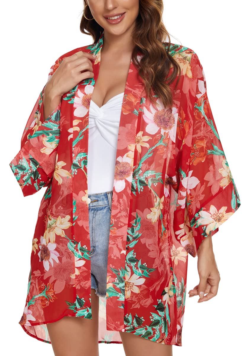 Tribear Women's Floral Printed Chiffon Kimono Cardigan - Lightweight Bat Sleeve Cover Up for Beach, Pool, Summer Outfits & Casual Wear