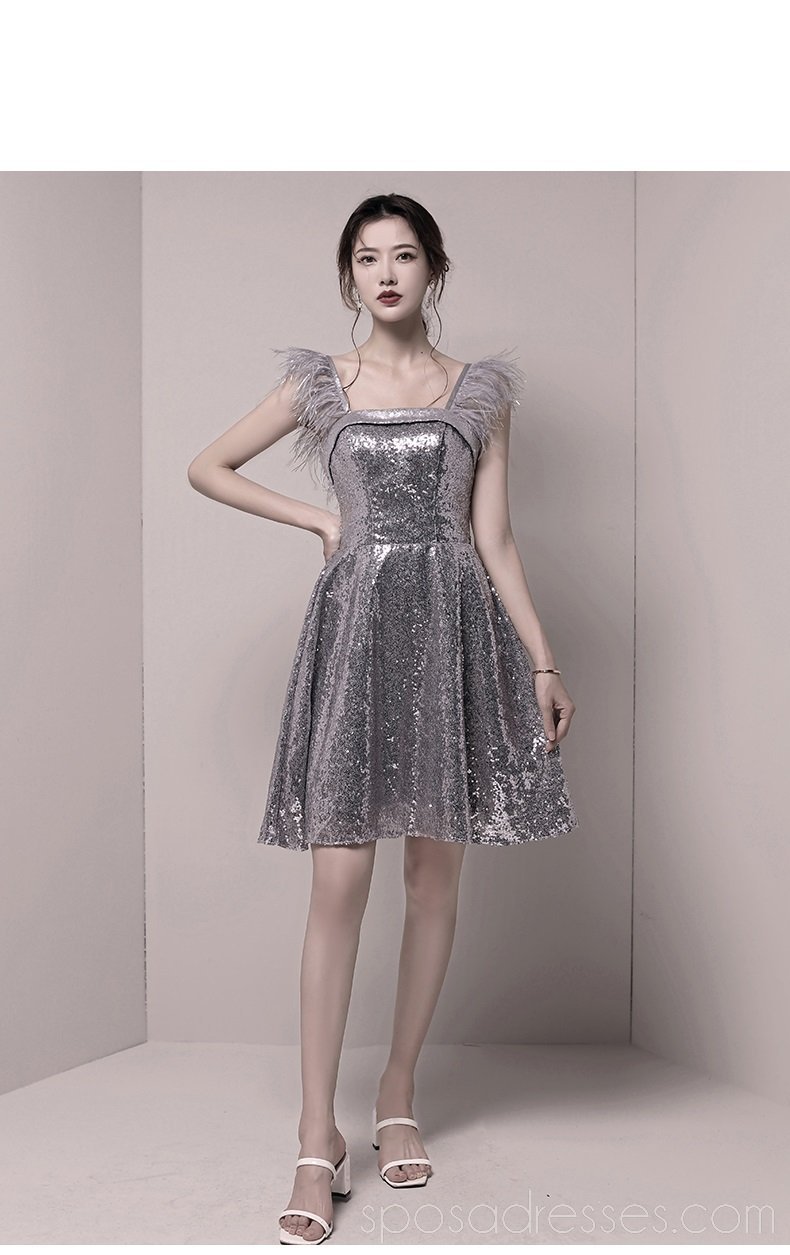 Sparkly Silver Sequin Feather Straps Homecoming & Prom Dresses for Women | Elegant Short Party Gowns | Perfect for Dances, Formals & Special Occasions | CM772