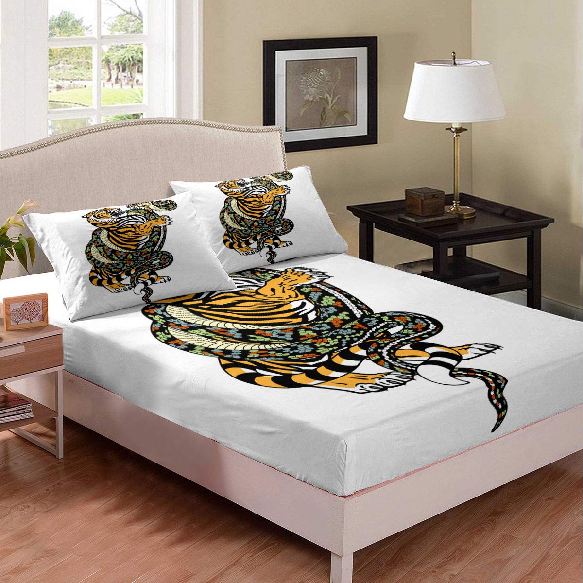 Cartoon Tiger and Snake Printed Microfiber Bedding Set for Kids - Twin XL Size (1 Fitted Sheet + 1 Pillowcase) - Soft Animal Theme Sheets for Boys & Teens - Perfect for Kids' Bedrooms, Dorm Rooms, and Sleepovers
