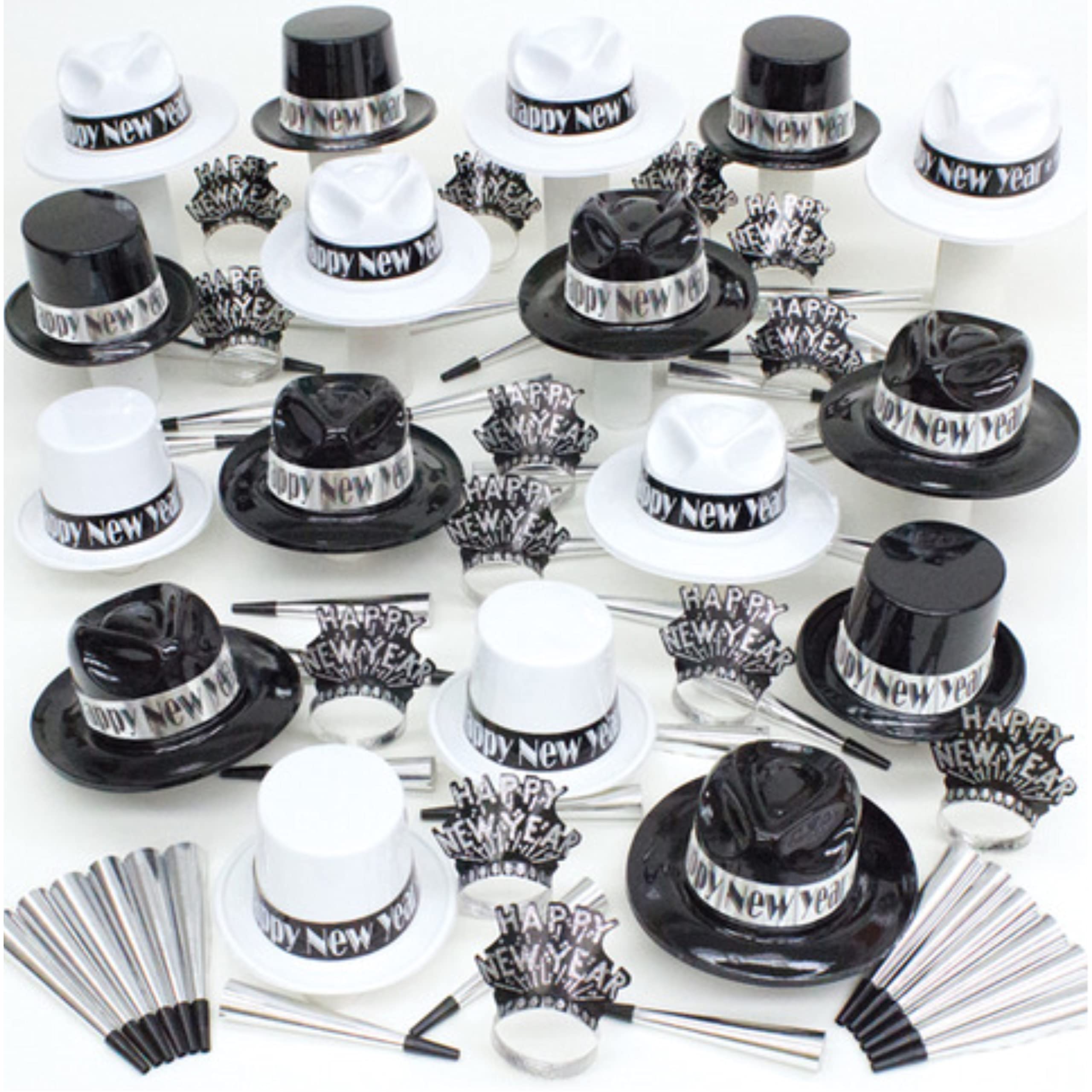 2025 New Year's Eve Party Supplies - 100-Piece Black & Silver Top Hats, Tiaras & Noise Makers Kit | Bulk NYE Decorations & Party Favors for Countdown Celebrations, Ball Drops & New Year's Eve Events