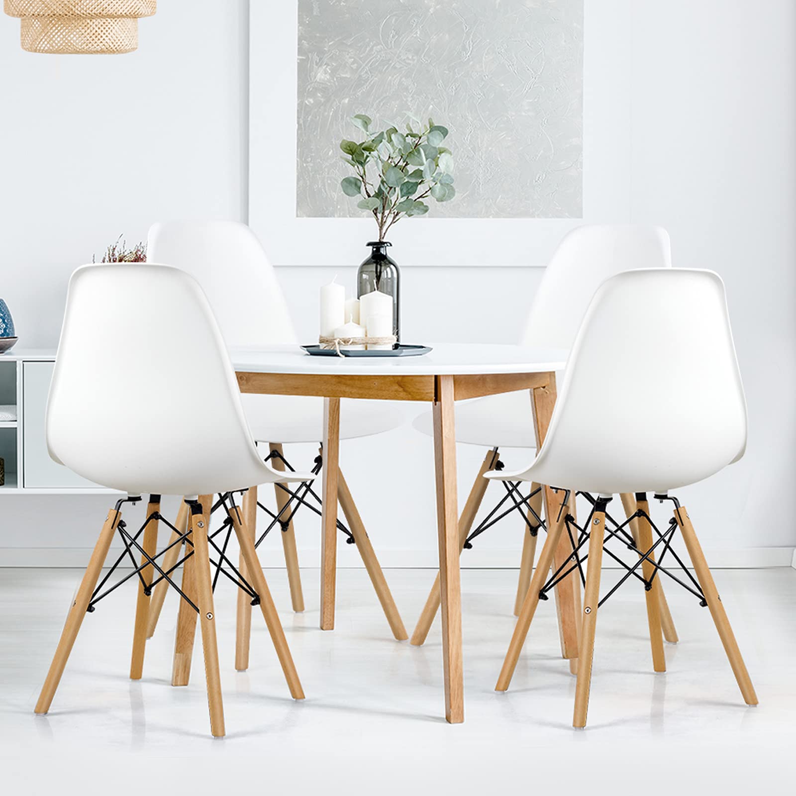 GOFLAME DSW Modern Dining Chairs Set of 2 - White Shell Plastic Chairs with Wooden Legs, Armless Kitchen Side Chairs for Dining Room, Living Room, Bedroom | Perfect for Small Spaces, Breakfast Nooks & Contemporary Home Decor
