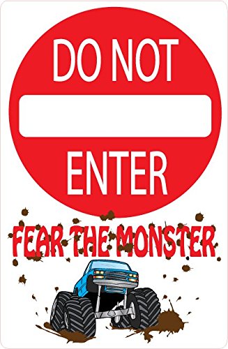 Monster Truck Wall Decals - 'Do Not Enter Fear The Monster Truck' Street Sign Stickers for Boys Room Decor & Garage Wall Art