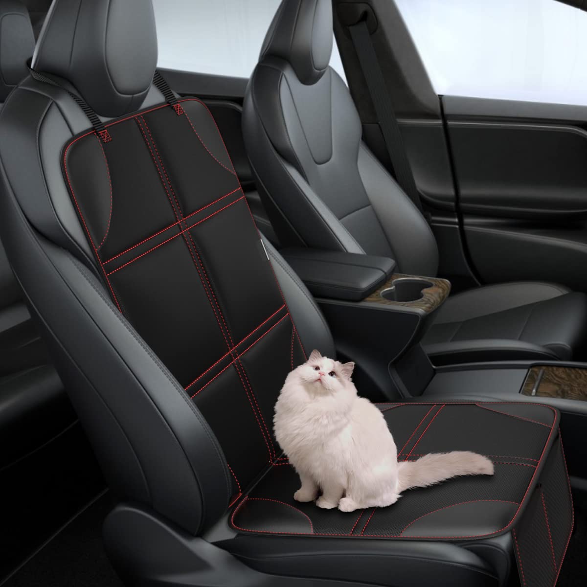 Premium Car Seat Protector - Non-Slip Waterproof Seat Cover for SUV, Sedan & Truck | Thick Leather Protector with Red Stitching (Black) | Perfect for Pets, Kids & Commuting