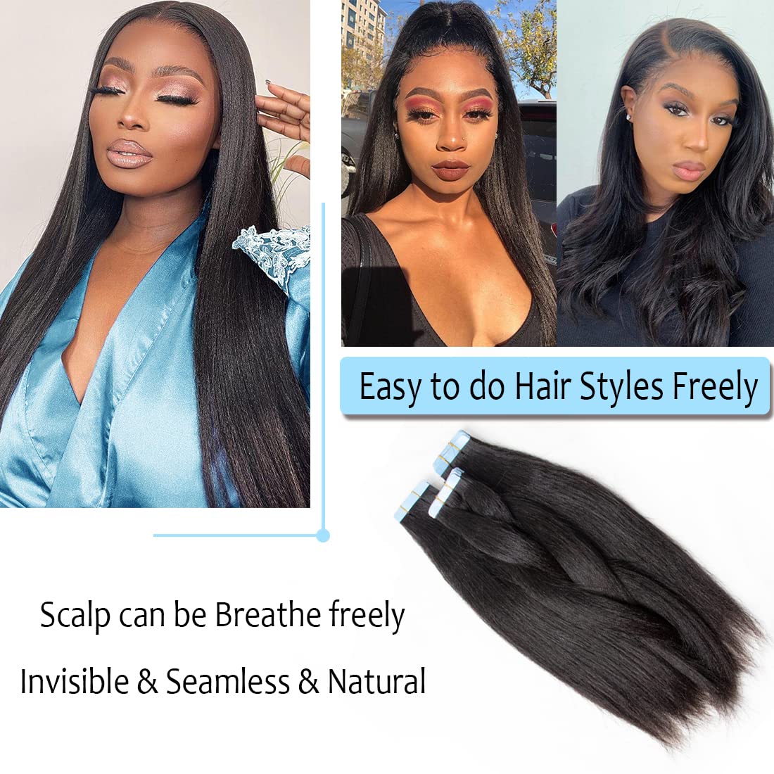 40 Pcs Tape in Hair Extensions - 100% Human Hair, Light Yaki Straight, Seamless & Invisible - Natural Black Color, 18 Inch for Black Women | Perfect for Daily Wear, Parties & Special Occasions