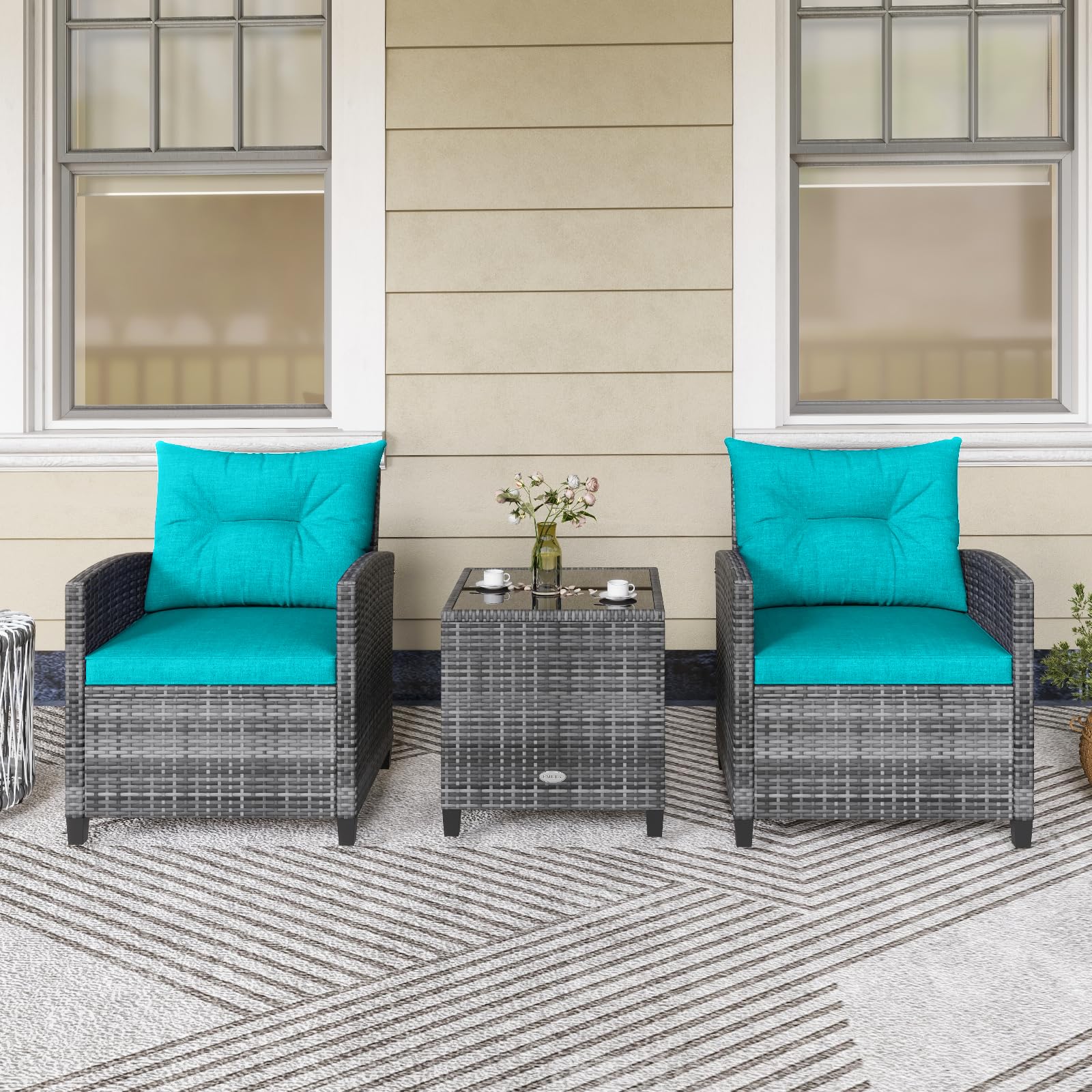 KOTEK 3-Piece Outdoor Patio Furniture Set - PE Rattan Wicker Chairs & Glass Tabletop Conversation Set with Washable Cushions for Porch, Garden, Balcony - Perfect for Relaxing, Entertaining & Outdoor Dining (Turquoise)