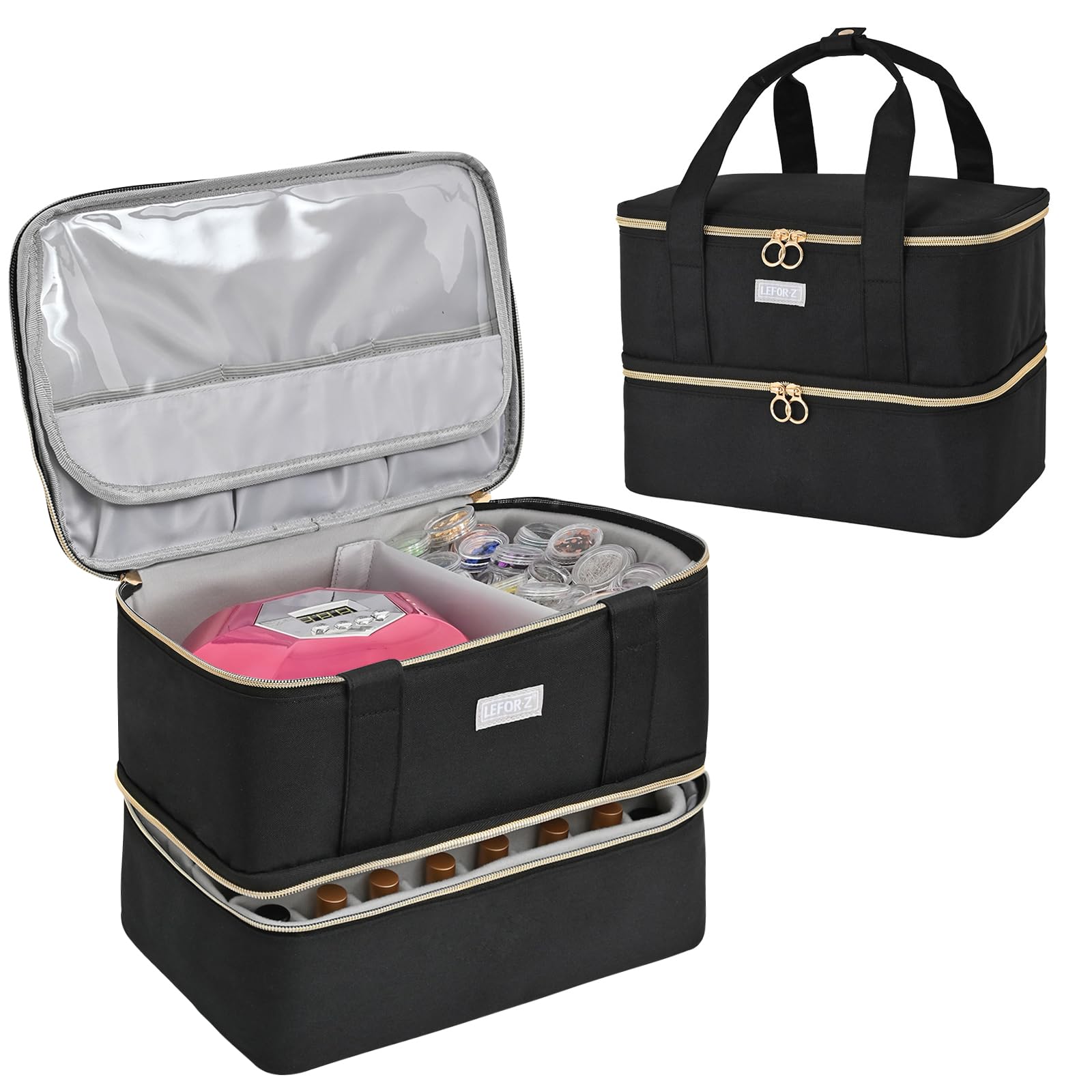 Double-Layer Nail Polish Organizer & Storage Case - Holds 40 Bottles (15ml/0.5oz) & Nail Lamp - Portable Nail Art Supplies Holder for Travel, Salon & Home Manicure Organization