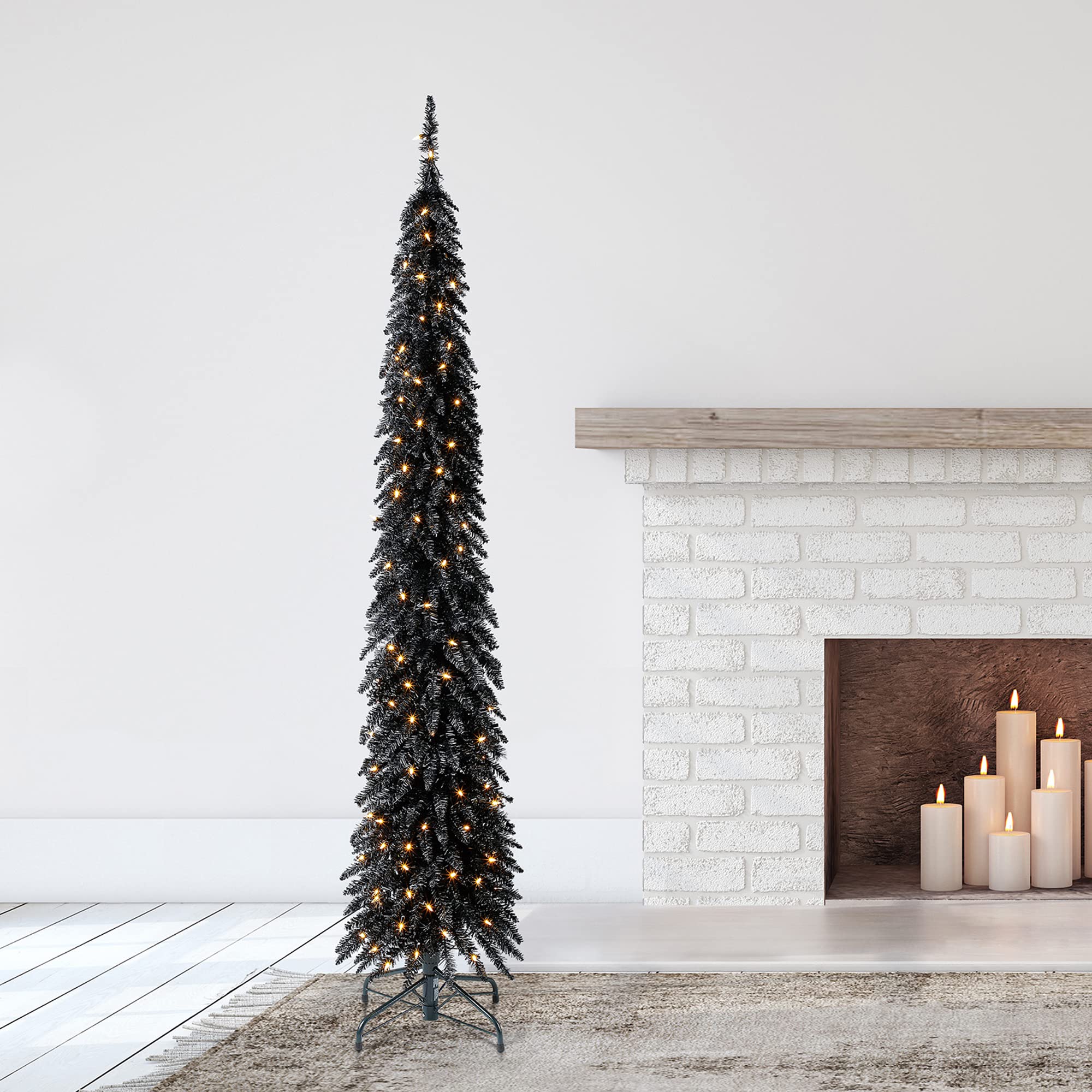 7ft Pre-Lit Skinny Pencil Artificial Christmas Tree with 150 Warm White LED Lights & Stand - Black Holiday Decor for Small Spaces, Apartments & Office Decorations