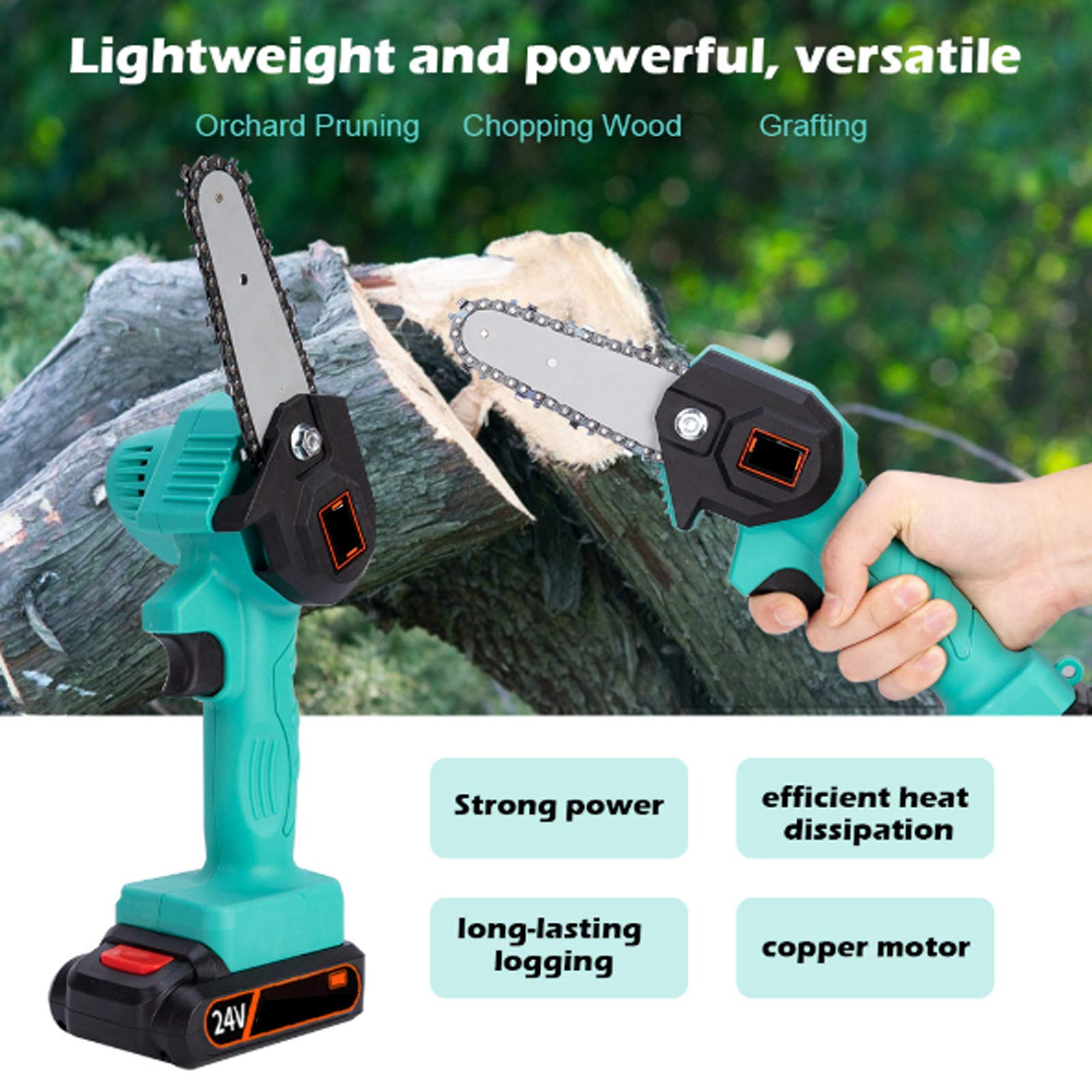 4 Inch Cordless Mini Chain Saw - 24V Rechargeable Battery, One-Hand Electric Pruning Saw for Tree Cutting, Branch Trimming & Yard Work | Perfect for Gardening, Landscaping & DIY Wood Projects (Blue)