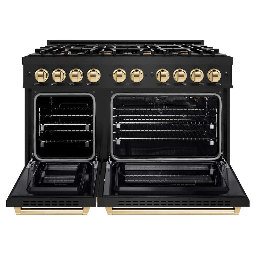 ZLINE Autograph Edition 48-inch 6.7 cu. ft. Double Oven Gas Range with 8 Burner Cooktop - Black Stainless Steel & Polished Gold Accents (HGRBZ 48 G) | Professional Kitchen Appliance for Home Chefs & Entertaining
