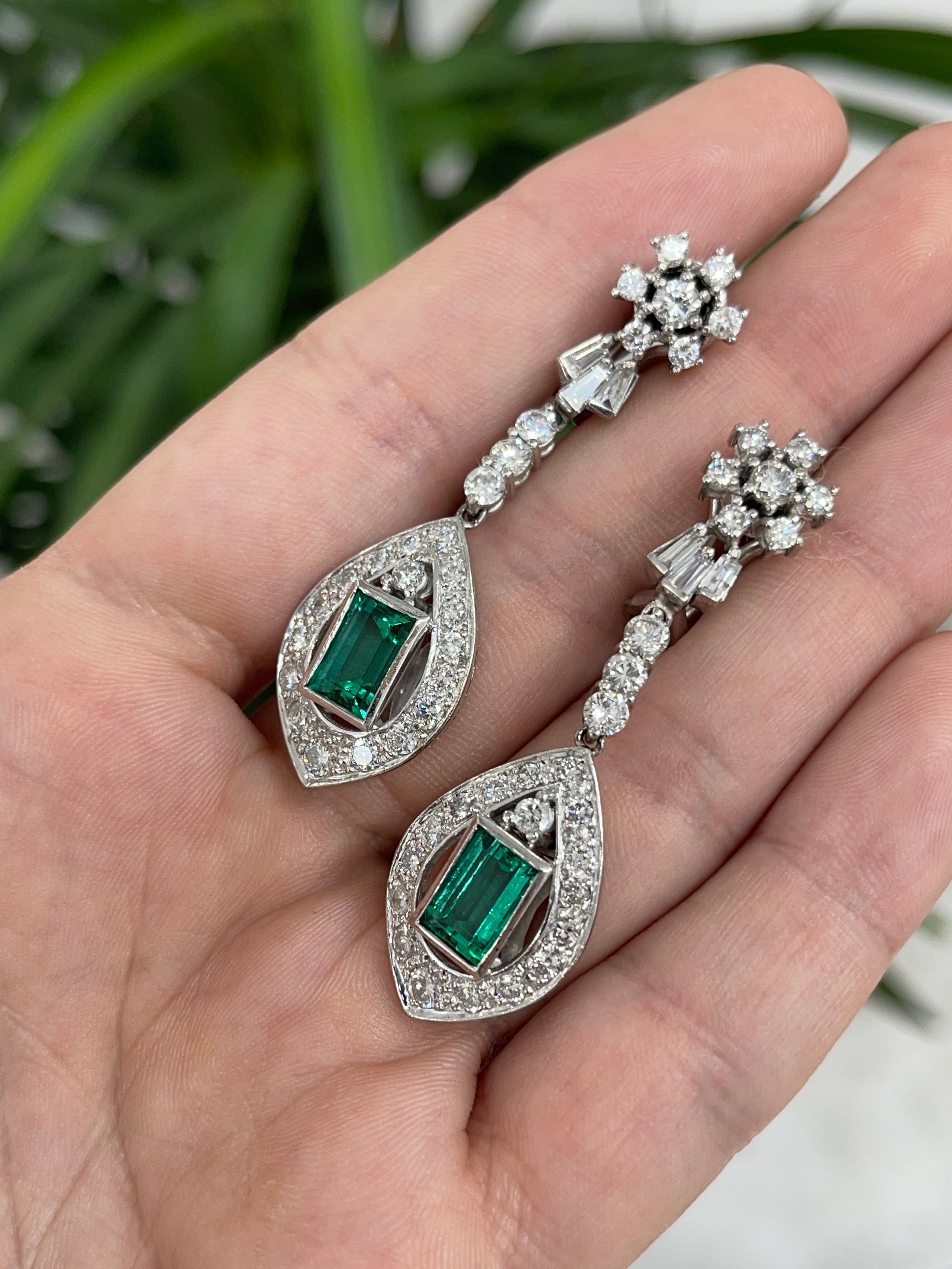 6.20tcw Art Deco Style Colombian Emerald & Diamond Drop Earrings in 18K Gold - Perfect for Weddings, Parties & Special Occasions